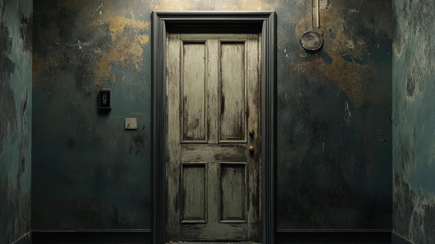 A door in a room with peeling paint and a wall photo