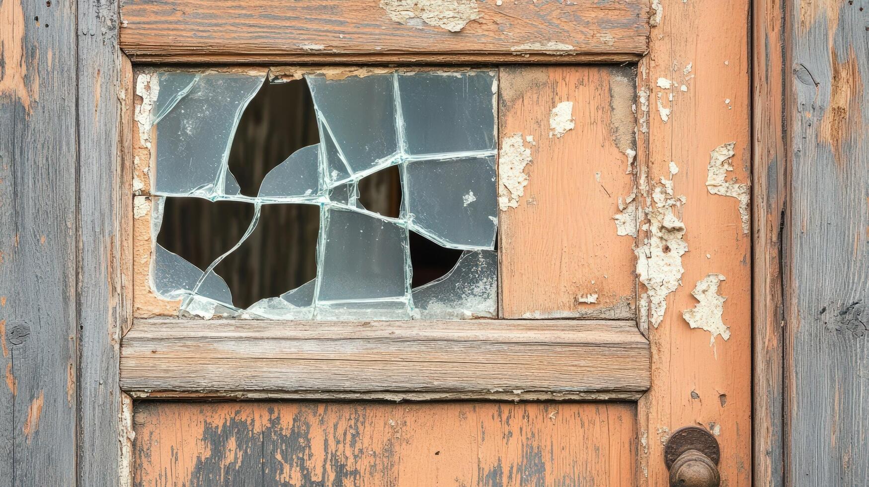 A broken window with a broken glass pane photo