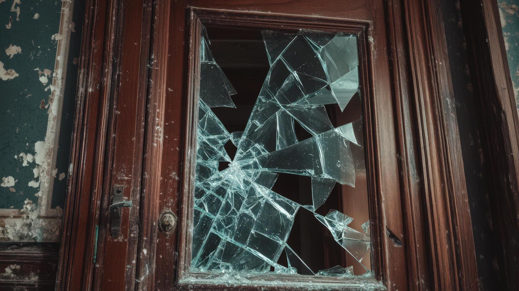 A broken window in an old building with a broken glass photo