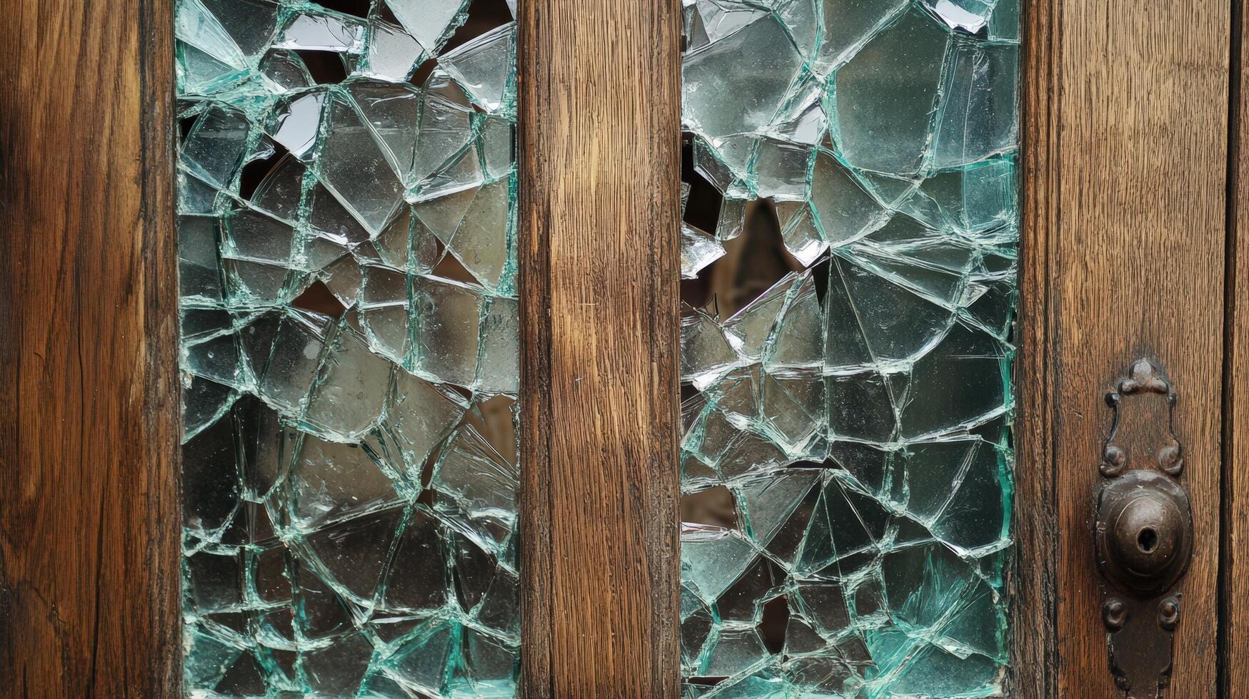 Shattered Glass Panel In Wooden Door Frame photo
