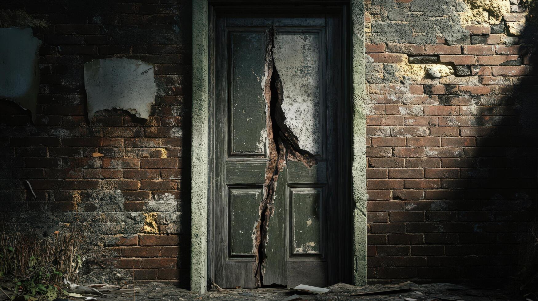 Damaged Door in a Decaying Brick Building photo