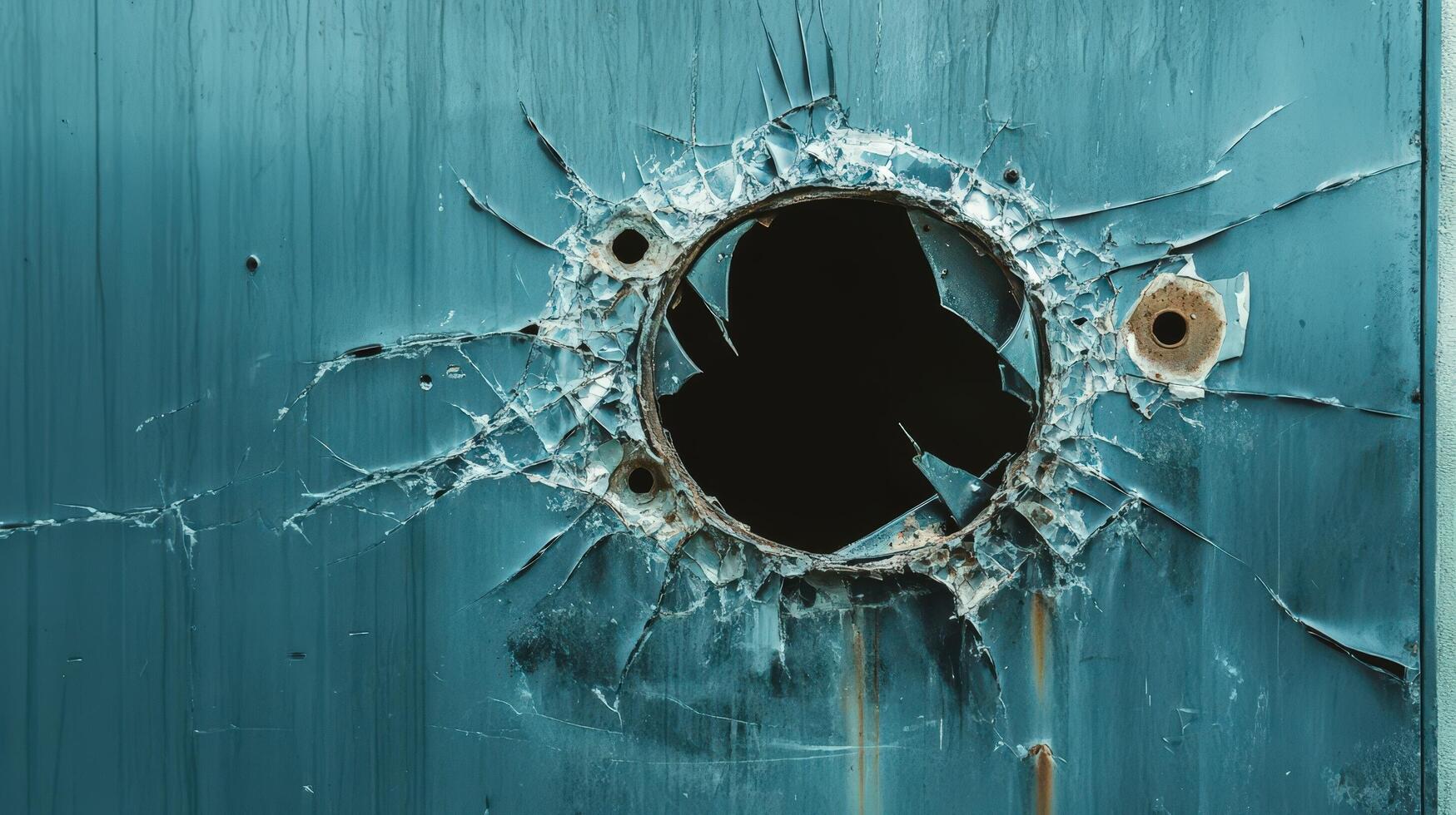 Shattered Metal Panel Reveals Circular Hole photo