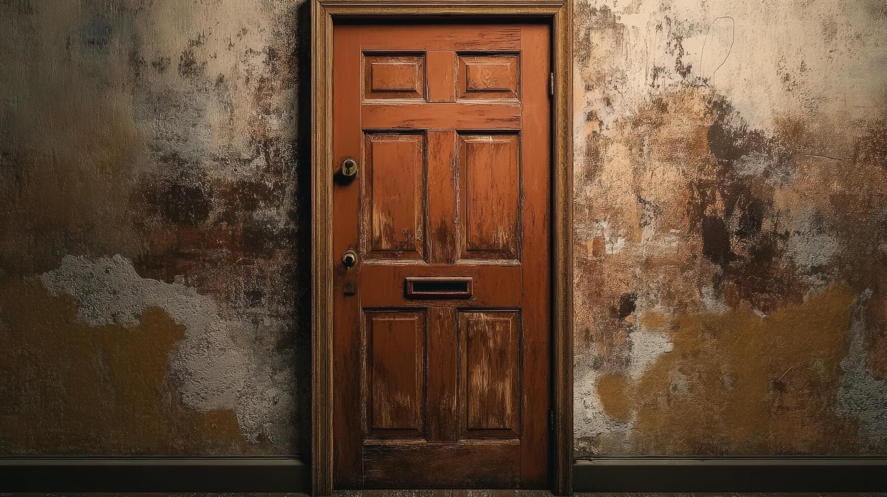 An old door in a room with peeling paint photo