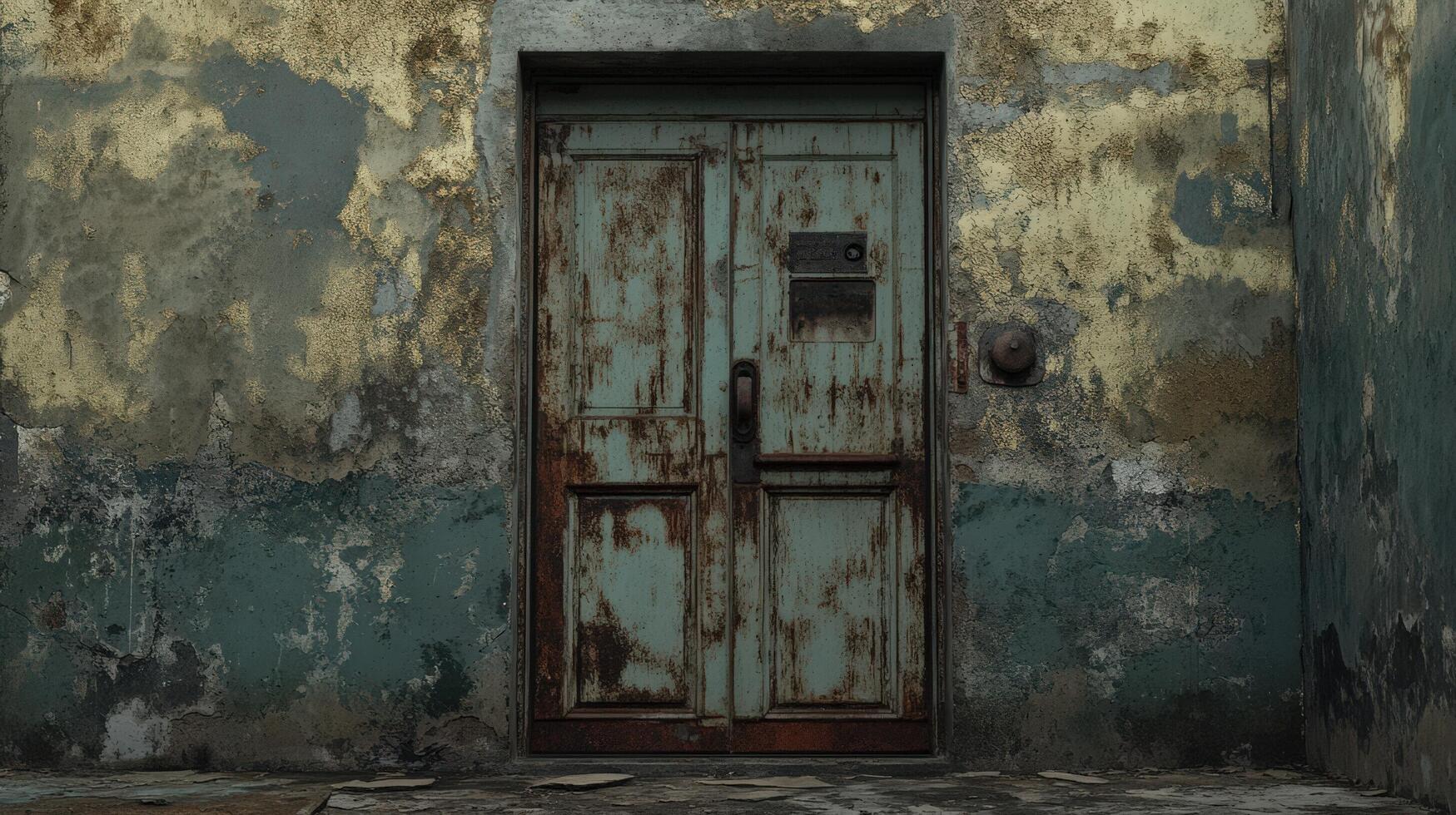 Rusted Door in a Decaying Building Exterior Wall photo