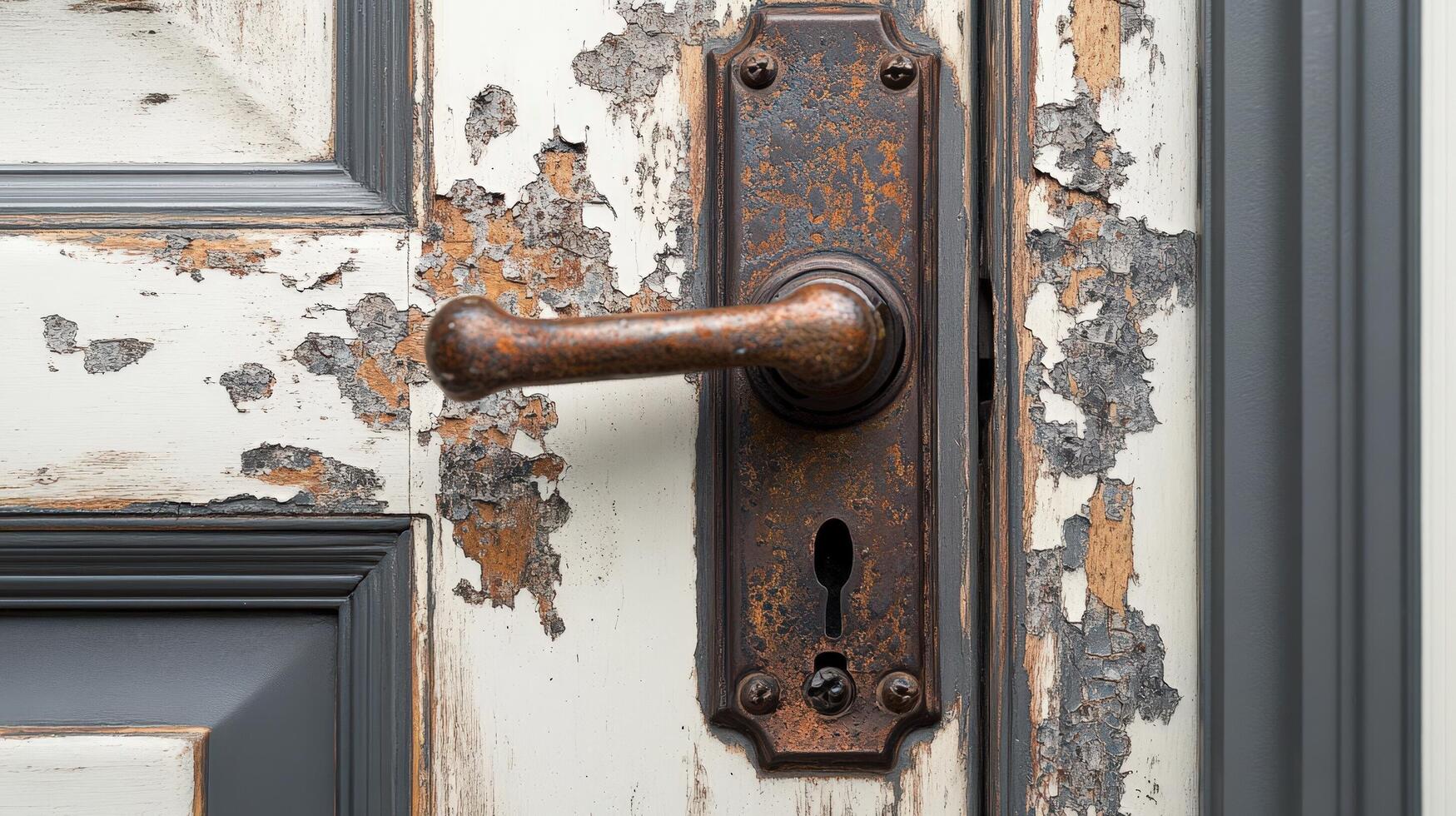 Rusted door handle on a weathered painted door photo
