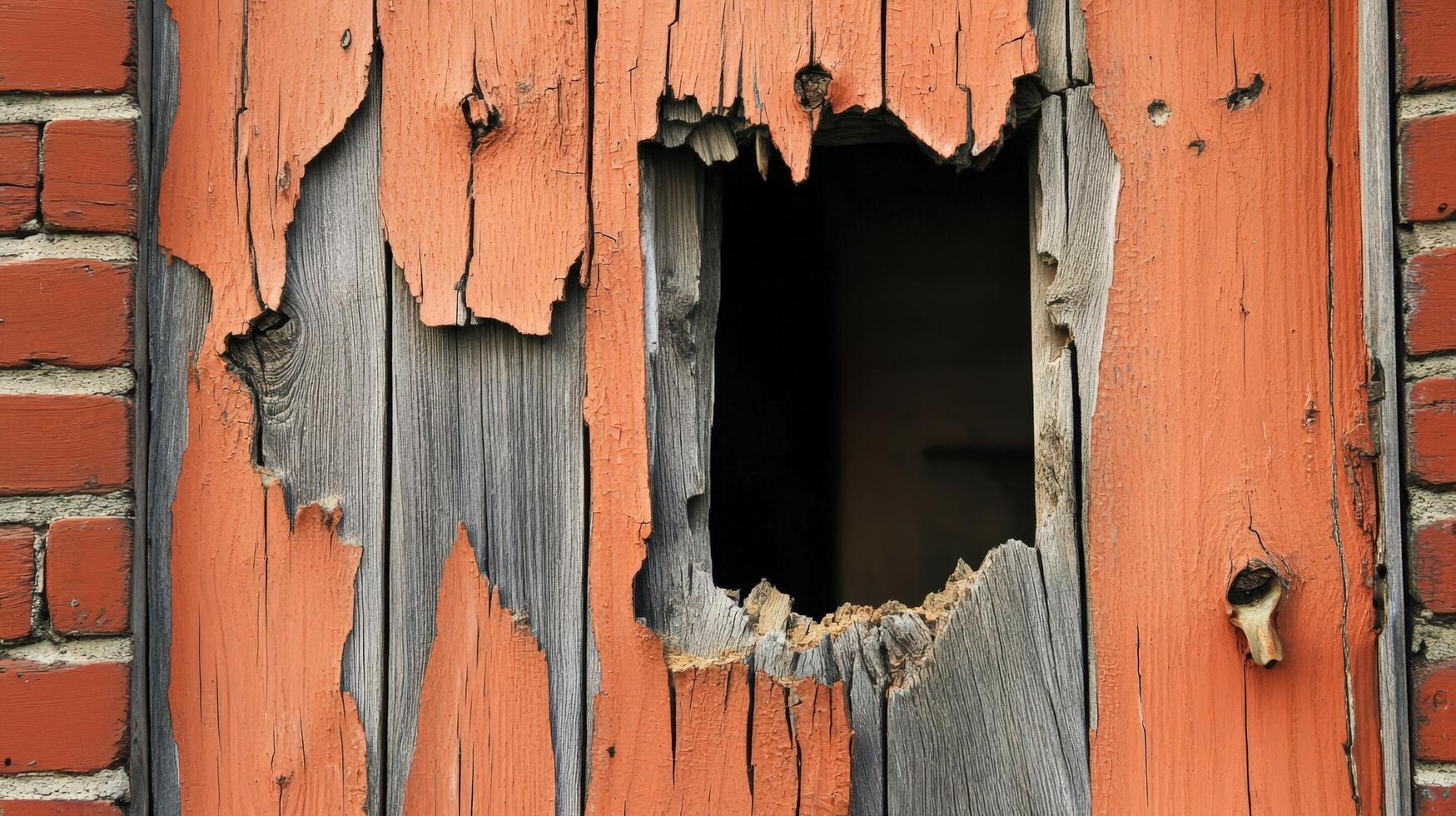 Damaged Wooden Door With Peeling Paint And Hole photo