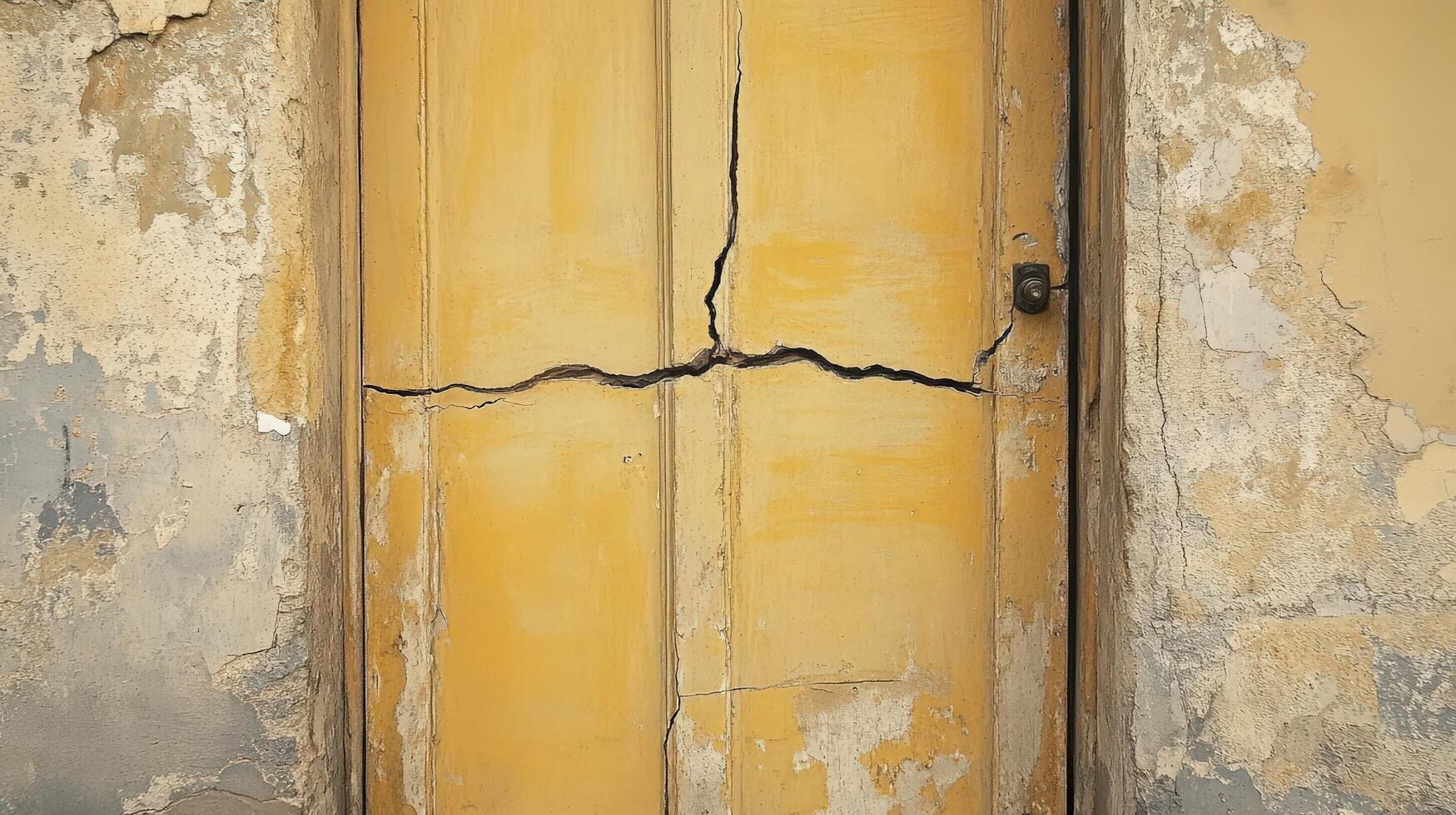 Damaged Yellow Door in Aged Building Wall photo