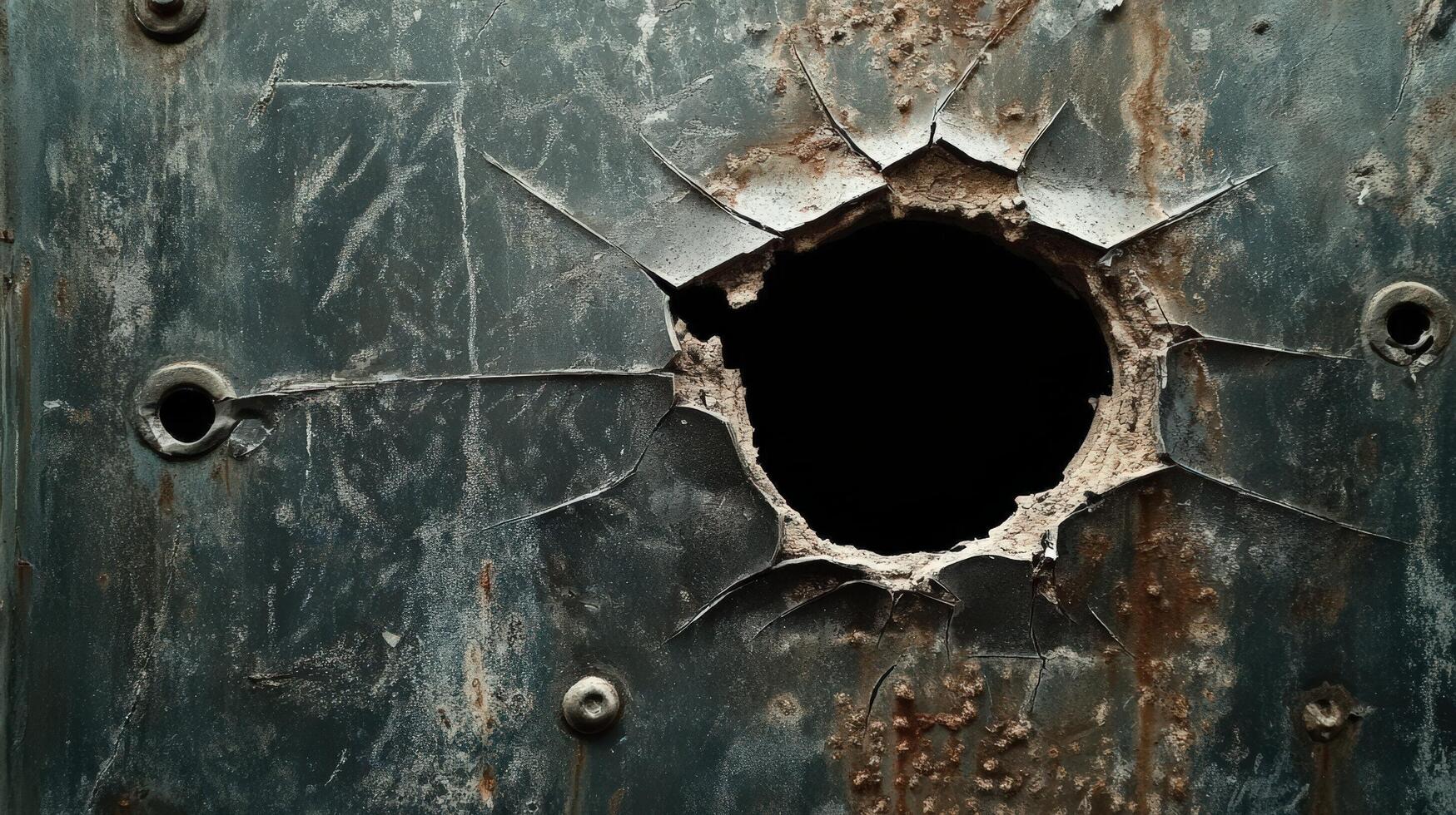 Rusted metal plate with a large circular hole photo