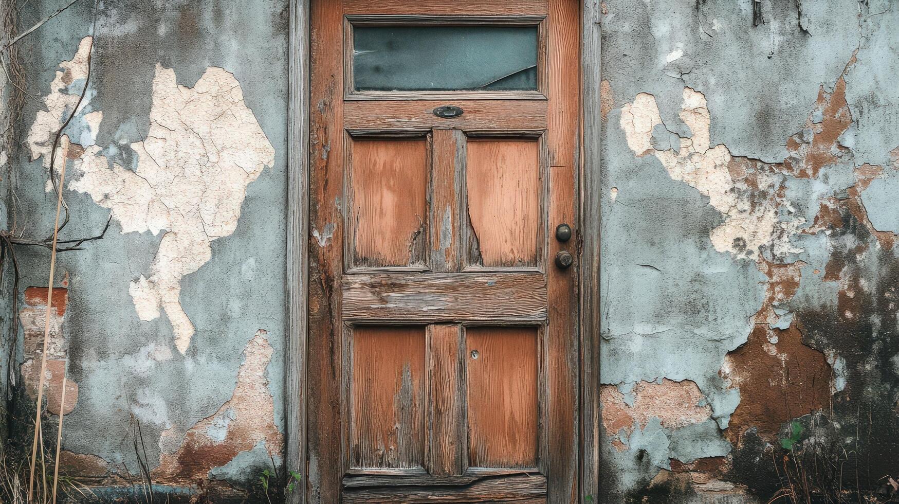 An old wooden door is seen in a dilapidated building photo