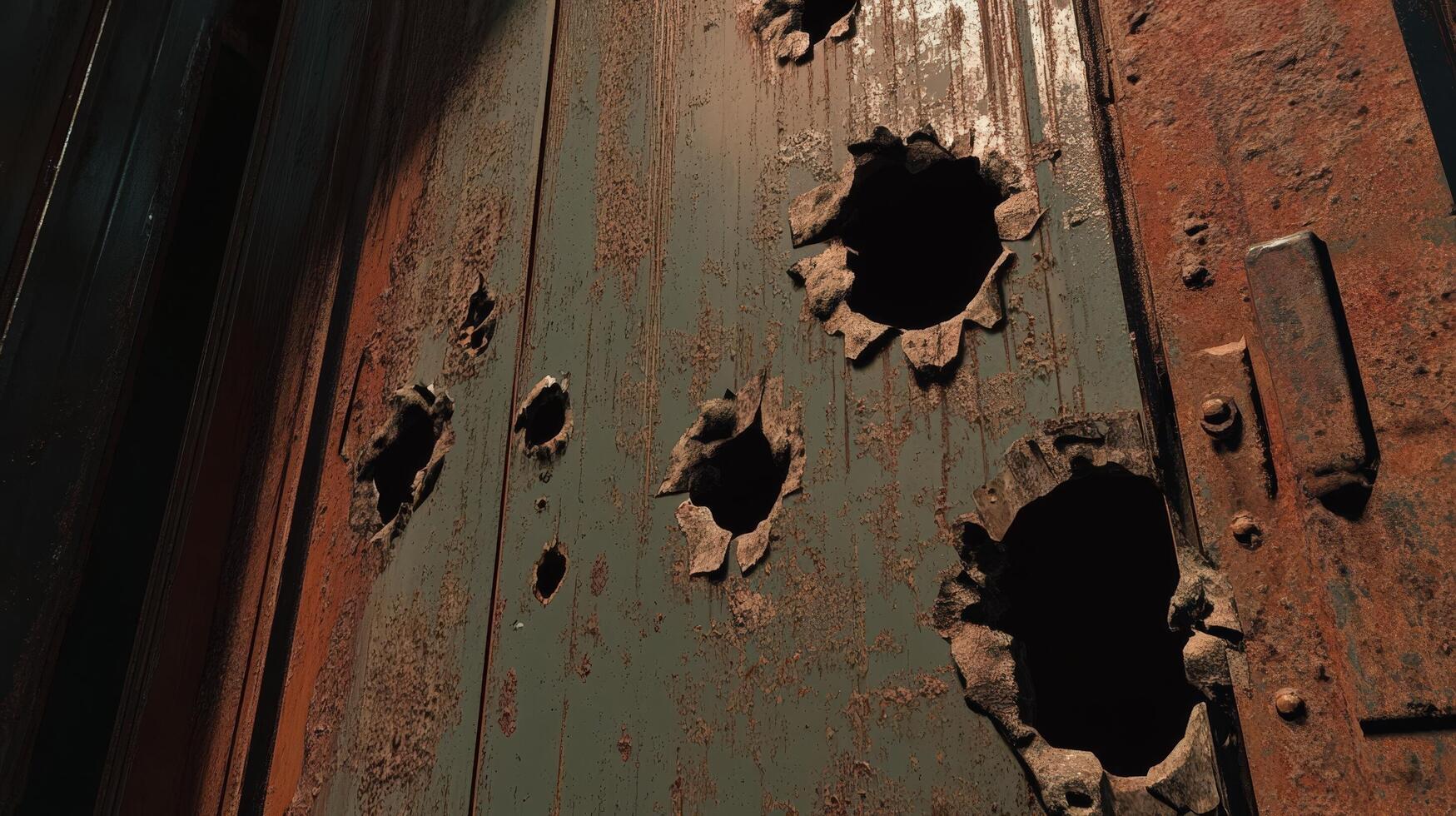 Rusted Metal Door Shows Multiple Bullet Holes photo