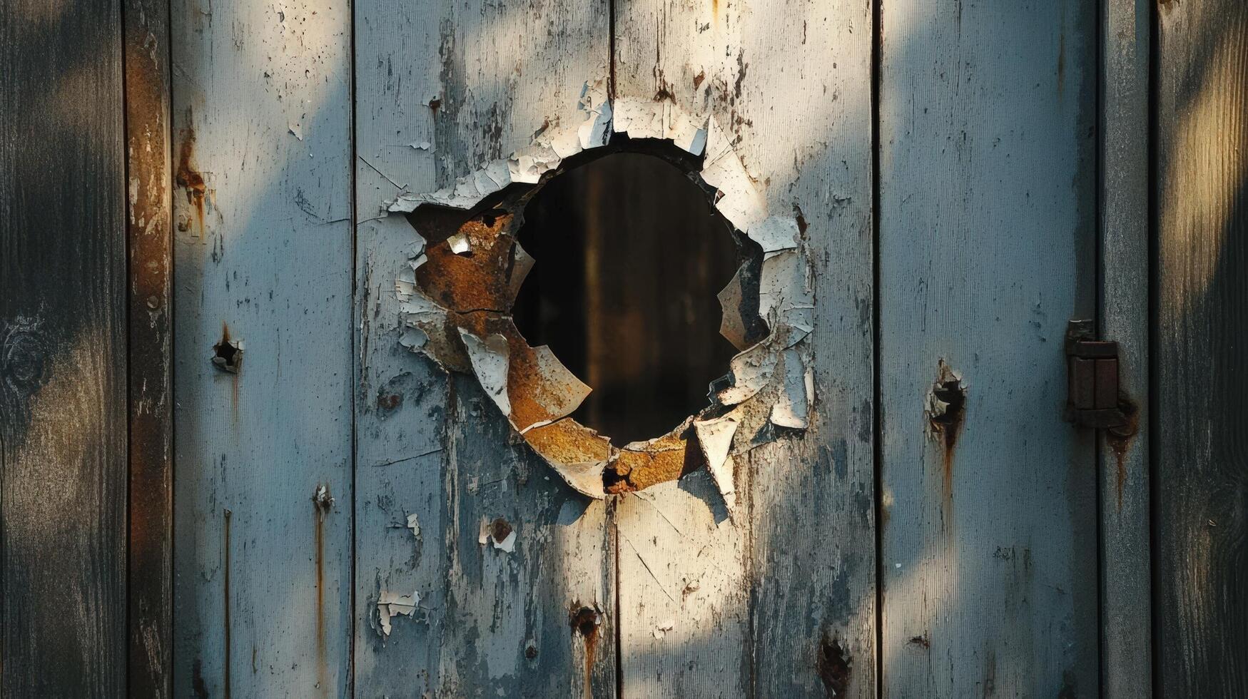 Rusted weathered wood door shows large hole photo