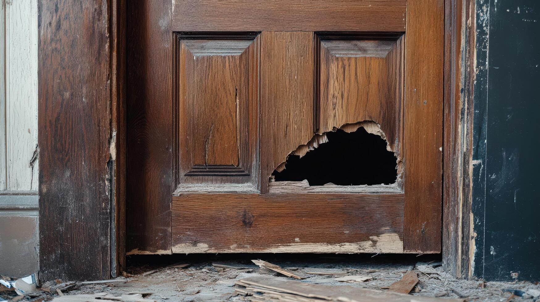 Damaged Wooden Door Showing Hole and Debris photo