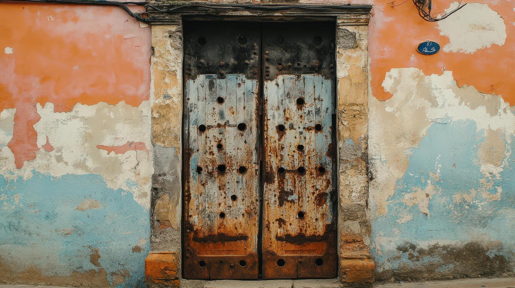 Rusty Metal Door in a Weathered Building Wall photo