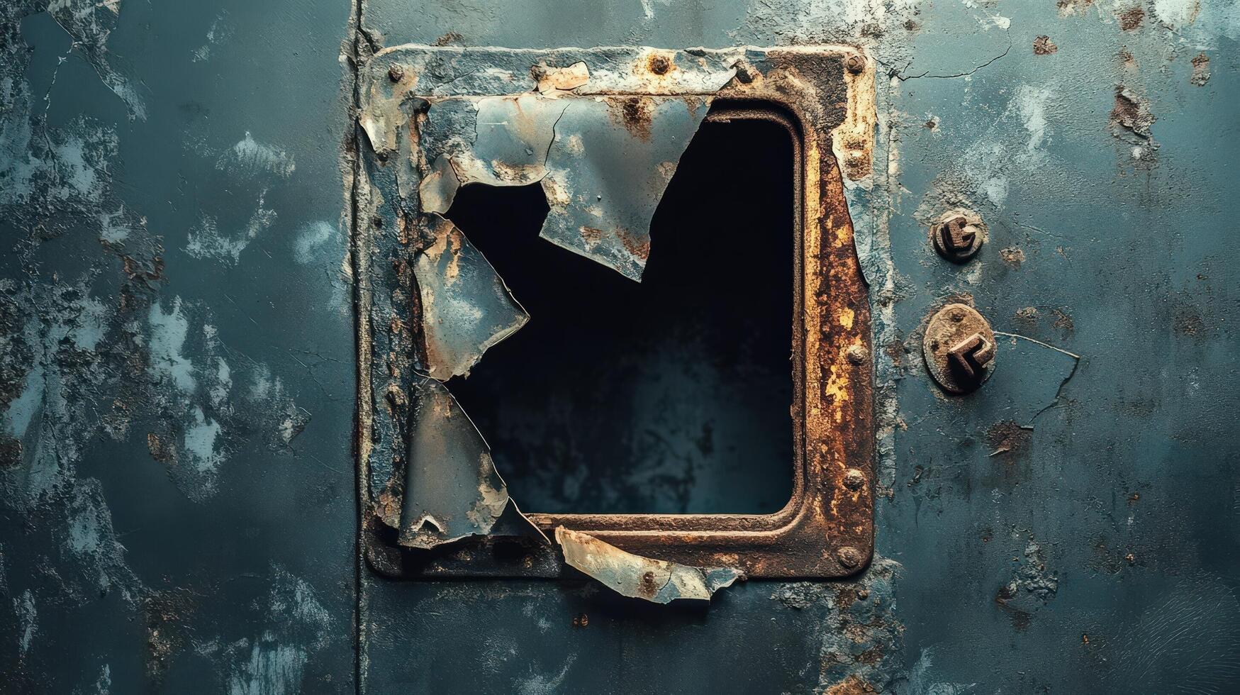 Rusted metal panel with damaged access door photo