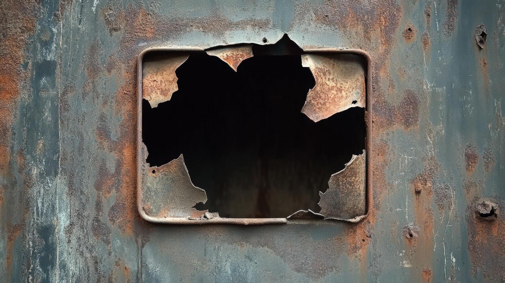 Rusted metal panel with a square hole showing decay photo