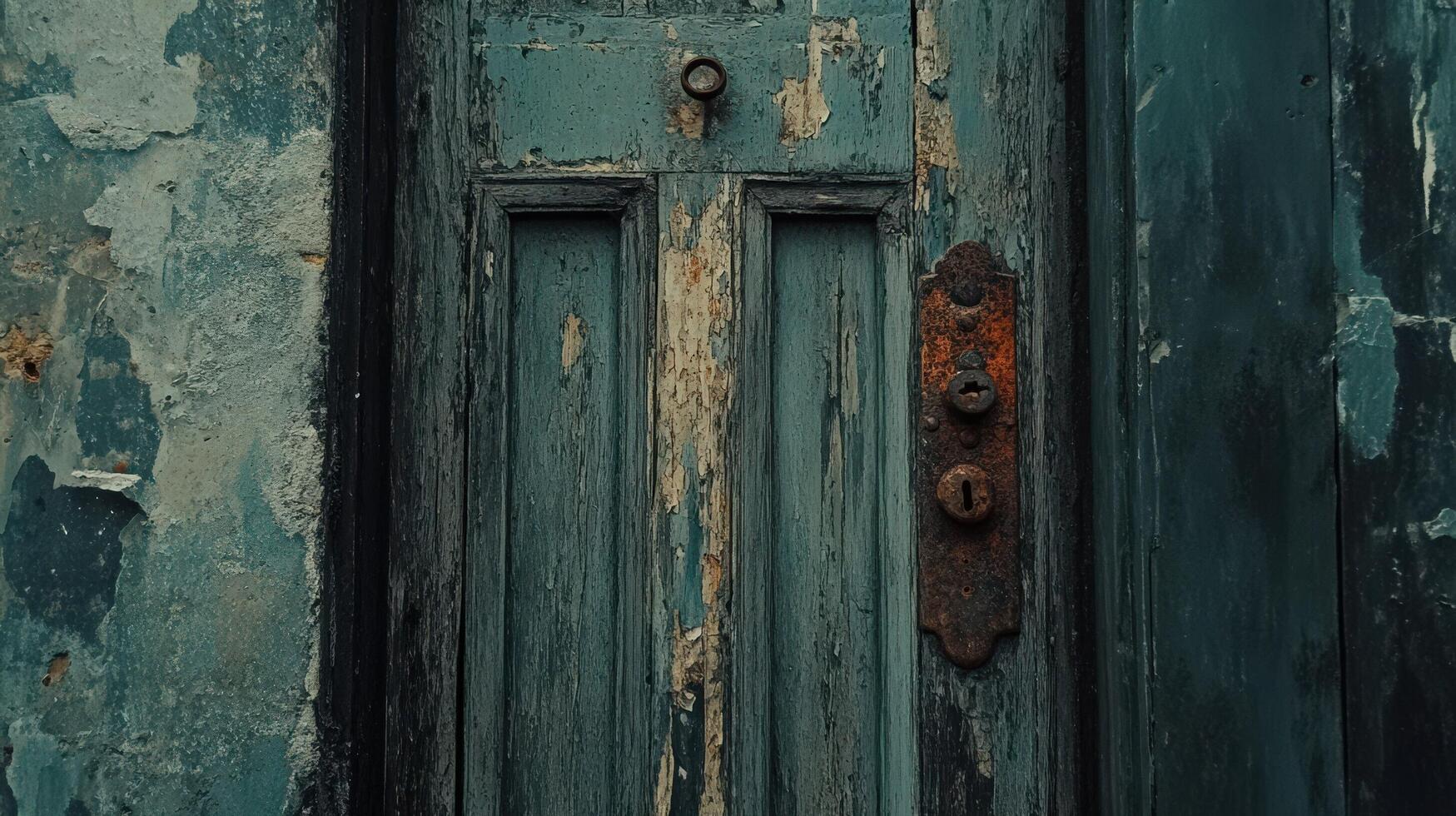 Weathered Teal Door with Rusted Hardware and Flaking Paint photo