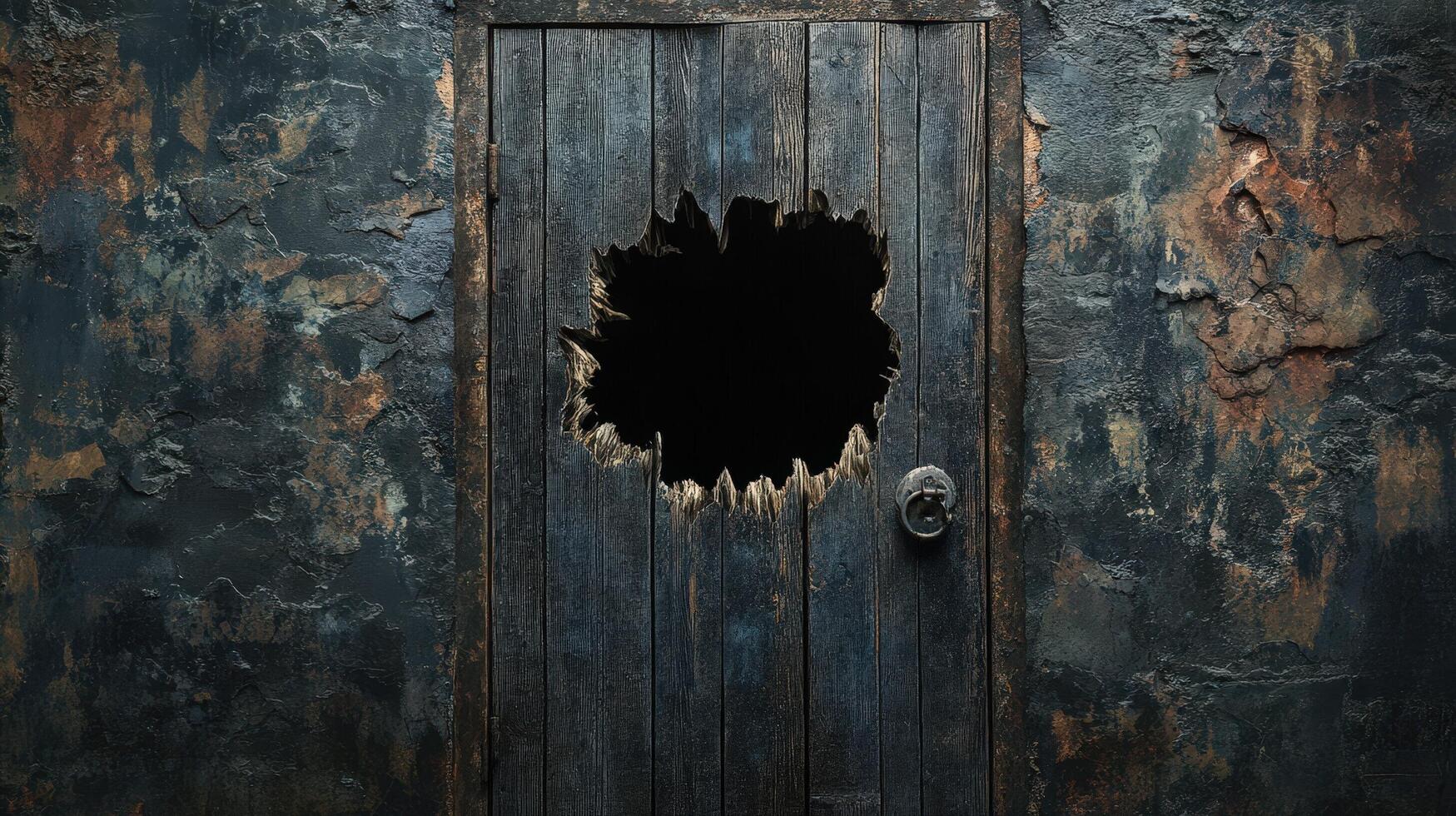 Damaged Wooden Door in a Decaying Wall photo