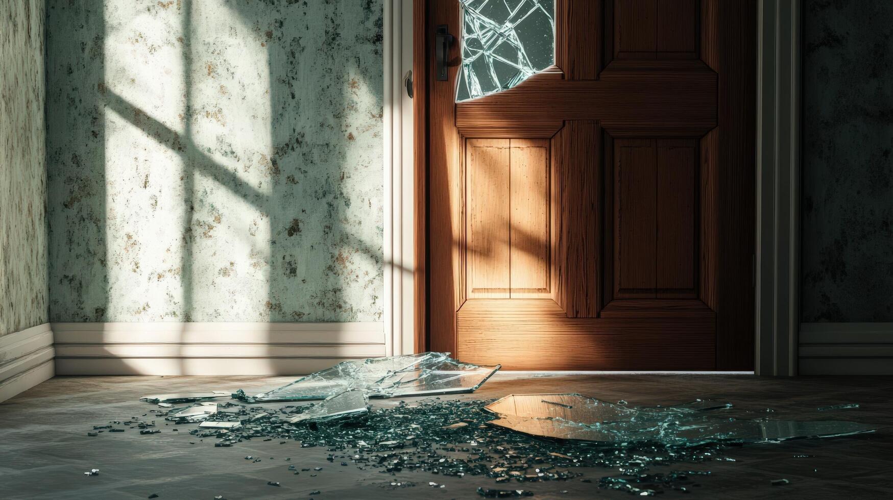 Shattered Glass Lies Near Old Wooden Door photo