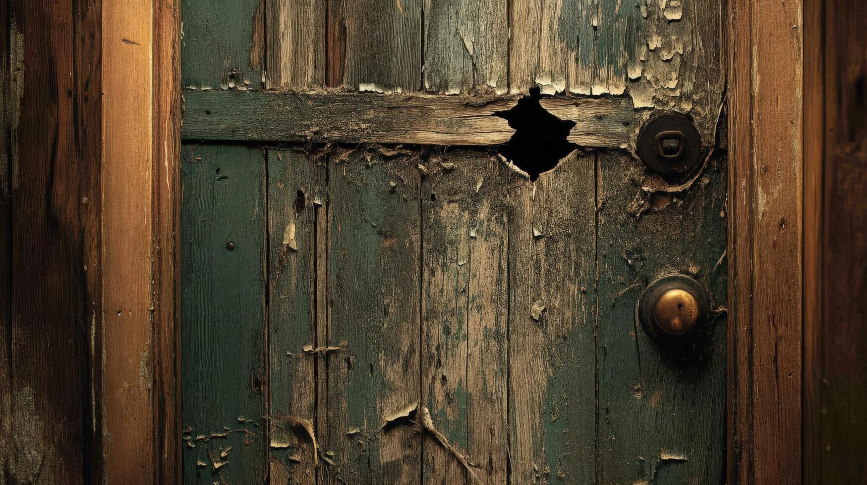 Weathered Wooden Door With Hole And Knobs photo
