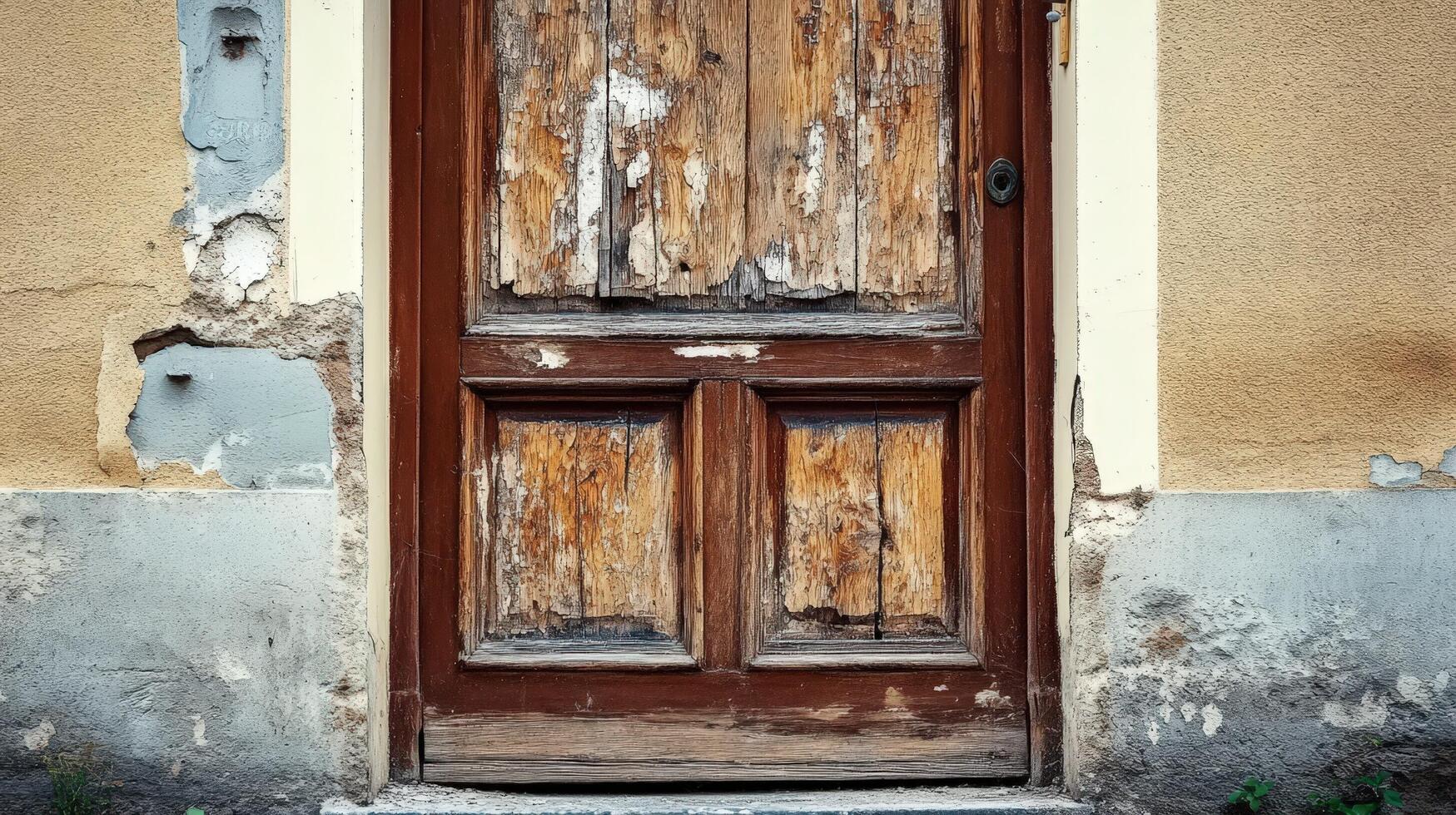 Weathered Wooden Door in Decaying Building Facade photo