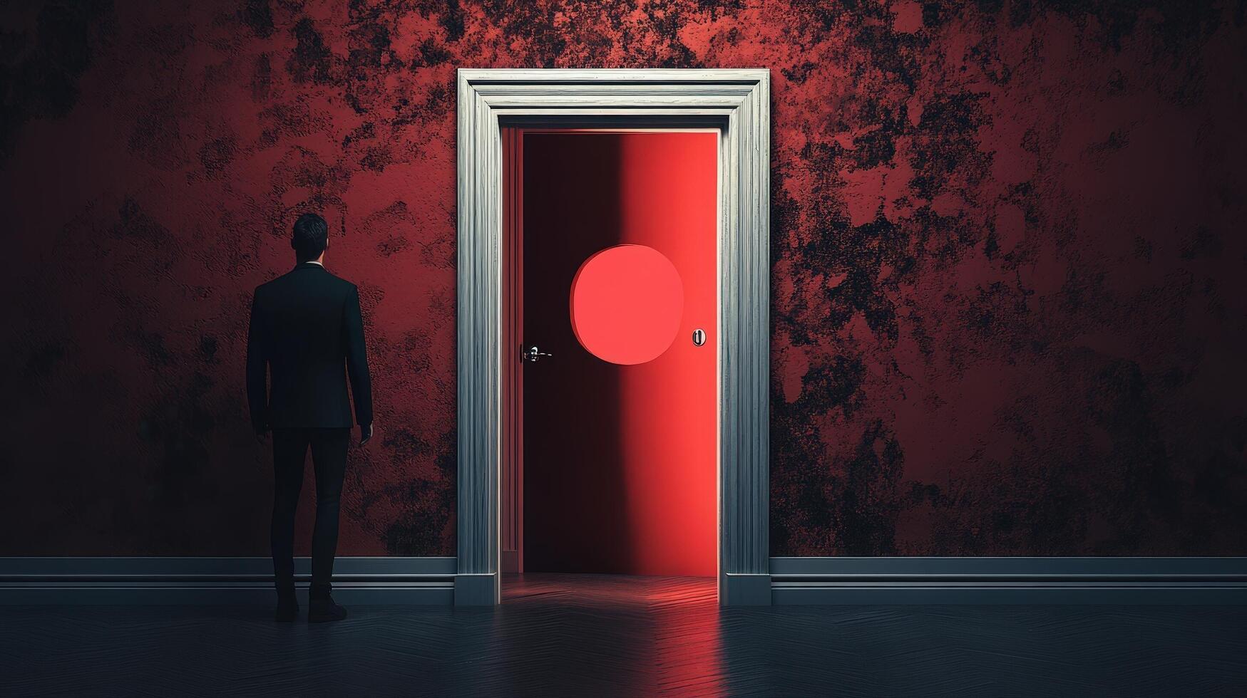A businessman stands before a mysterious red door photo