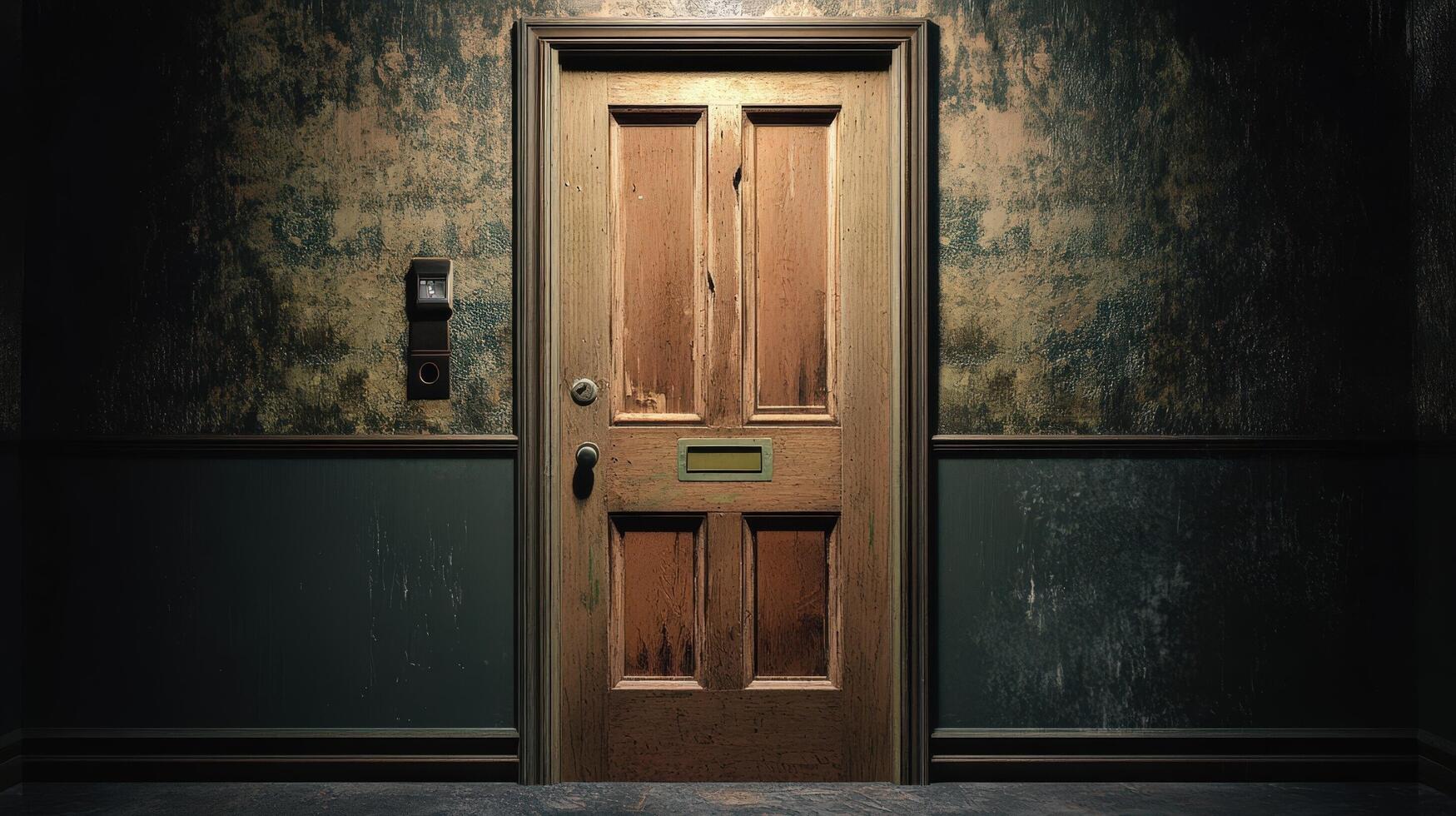 Old Wooden Door in a Distressed Hallway photo