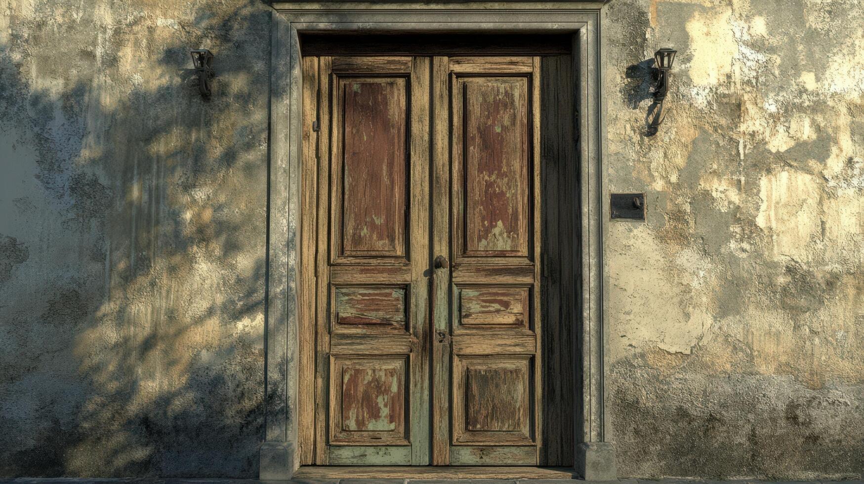 An old wooden door is shown in front of a stone wall photo