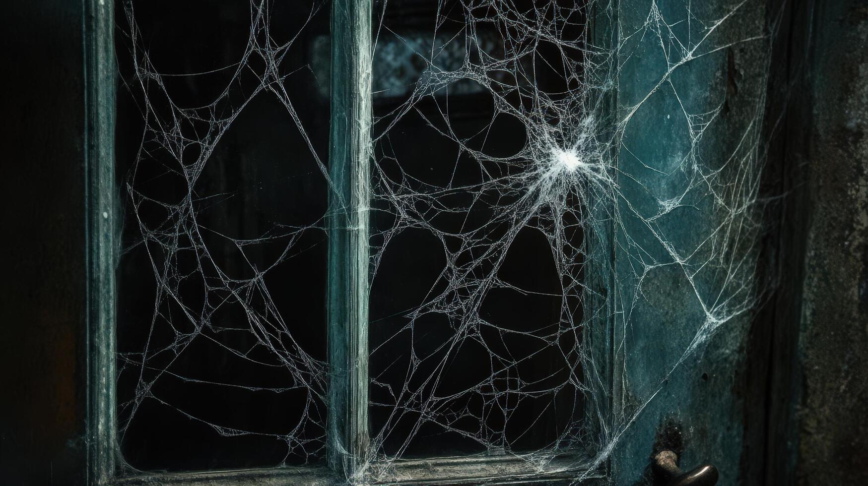 Intricate spiderwebs cover an old window pane photo