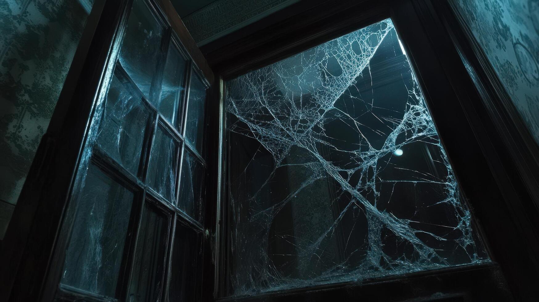 Abandoned Window Pane Shows Extensive Spiderweb photo