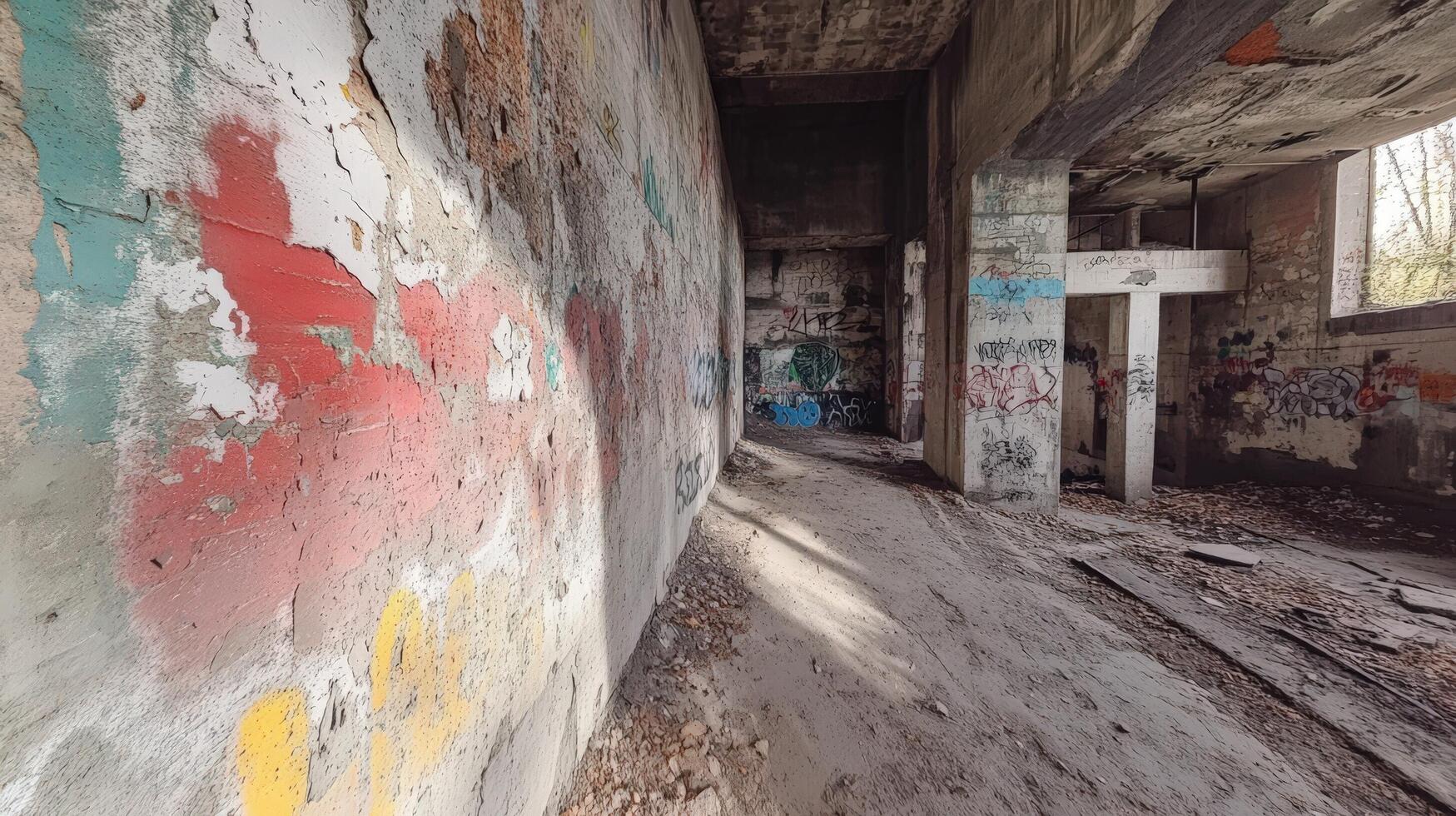 Abandoned Building Interior With Graffiti And Decay photo