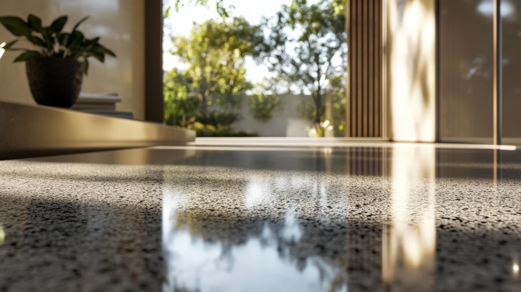 Polished Concrete Floor Reflecting Sunlight and Greenery photo
