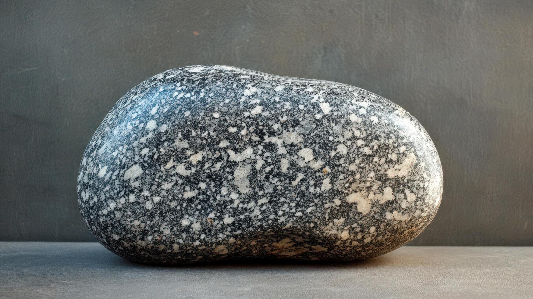 A Smooth Grey Stone With White Speckles Rests On A Table photo