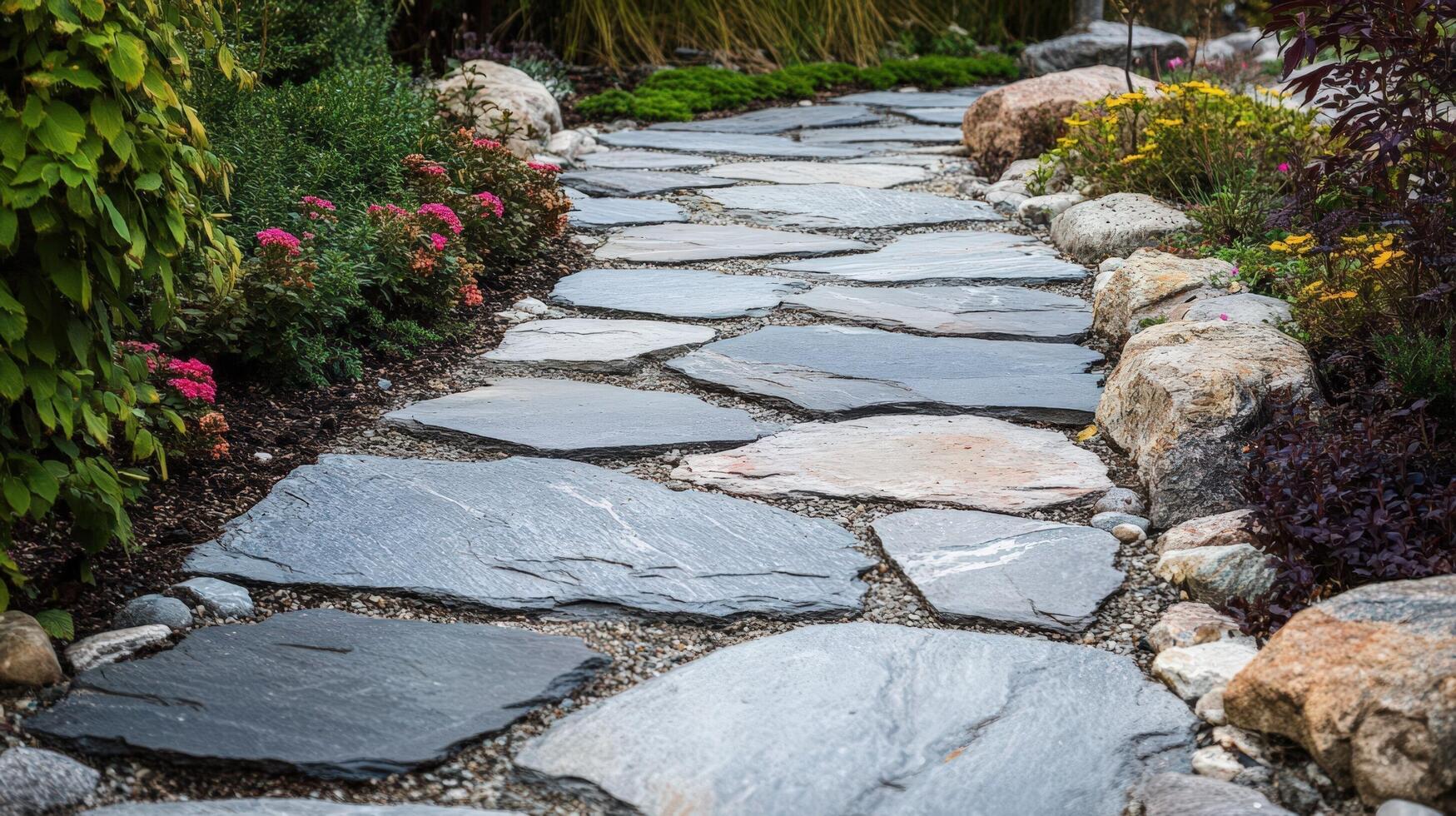 A stone pathway in a garden with rocks and flowers photo