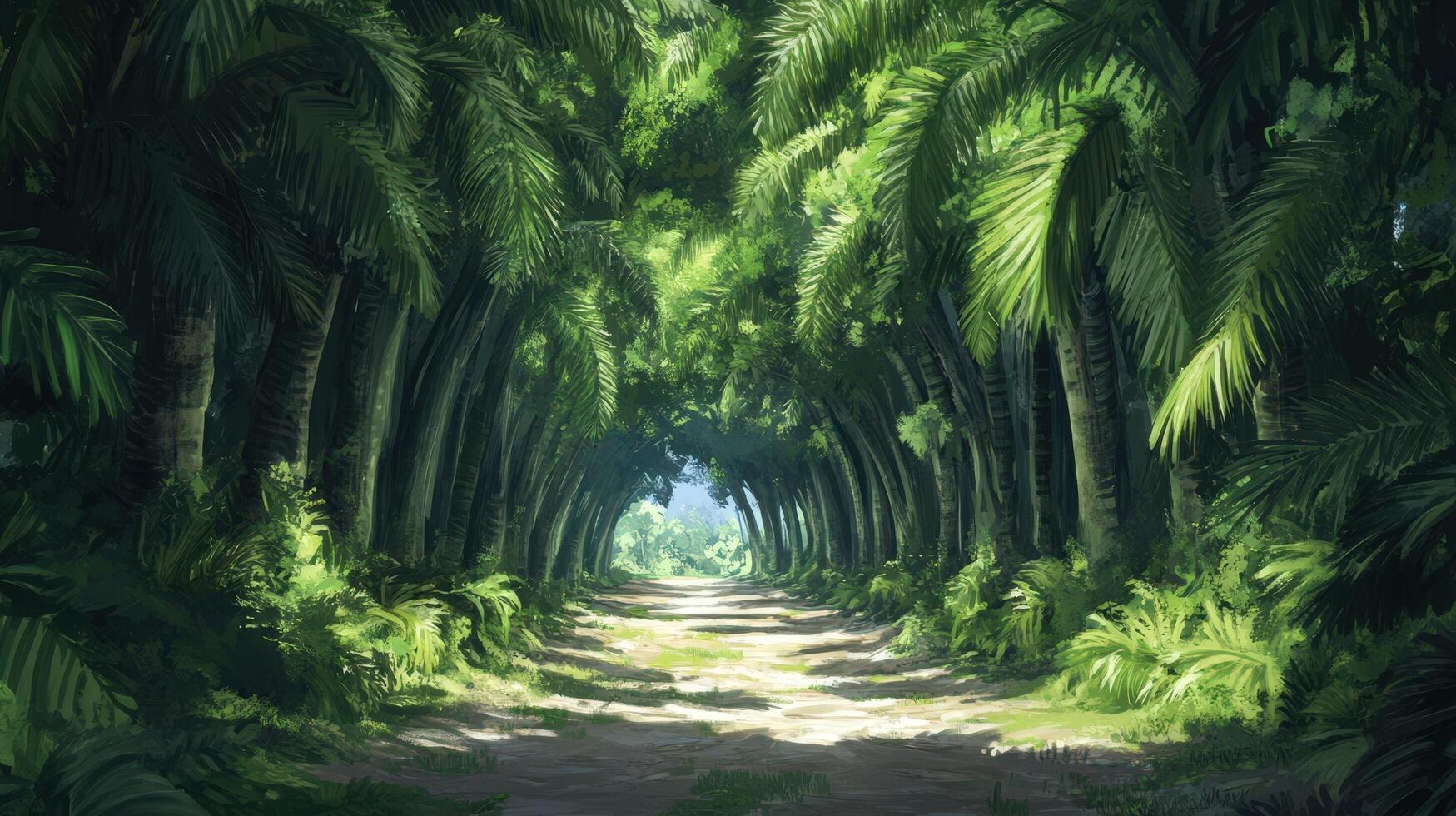 Lush Tropical Palm Tree Tunnel Pathway photo