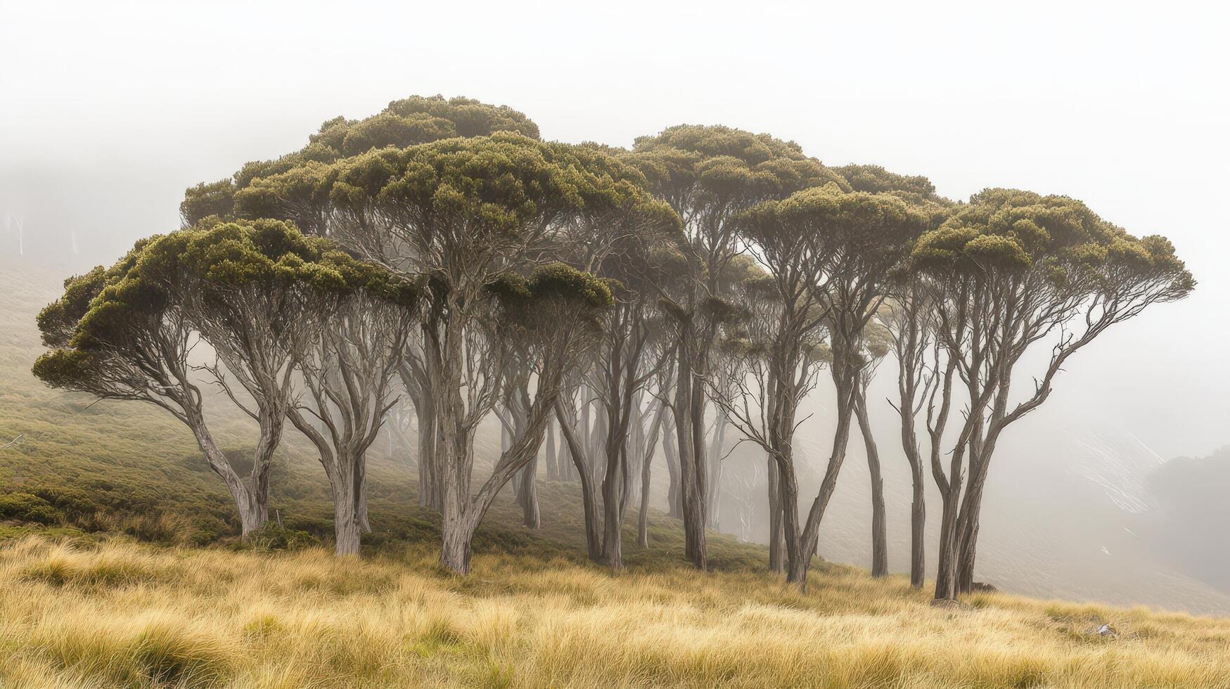 Fog shrouded trees stand tall in a grassy field photo