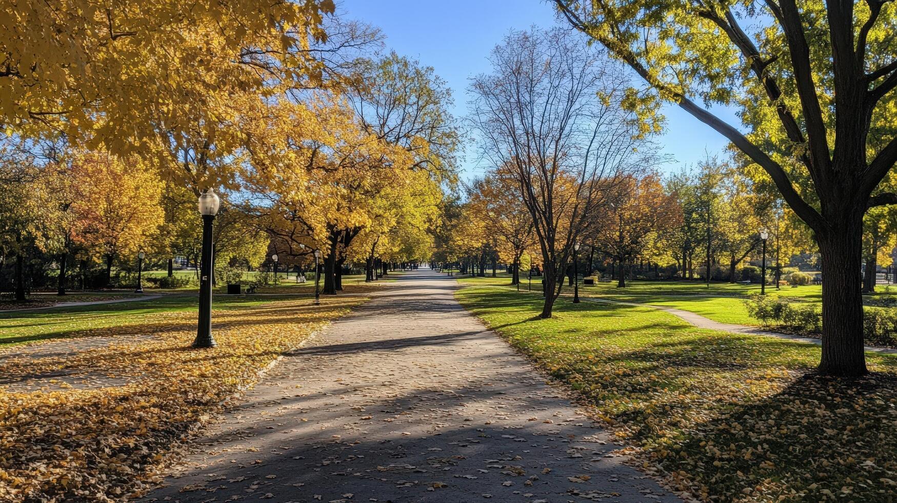 Autumnal Pathway Through Golden Trees And Green Grass photo