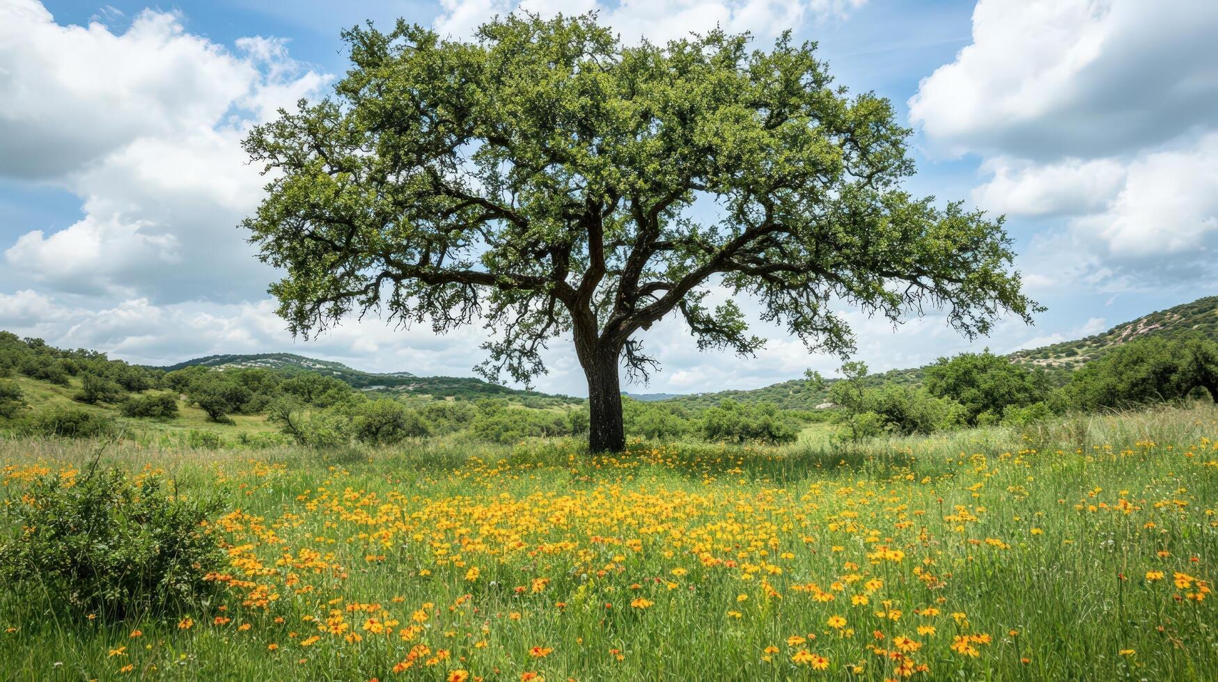 Majestic Oak Tree in a Vibrant Wildflower Meadow photo