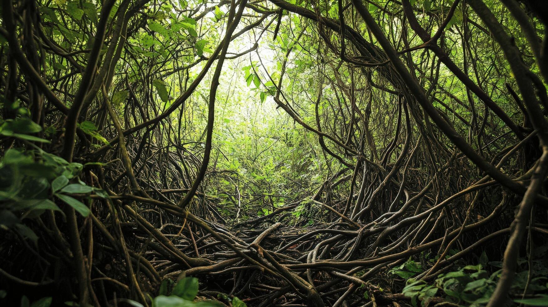 Lush Jungle Canopy With Intertwined Roots And Vines photo
