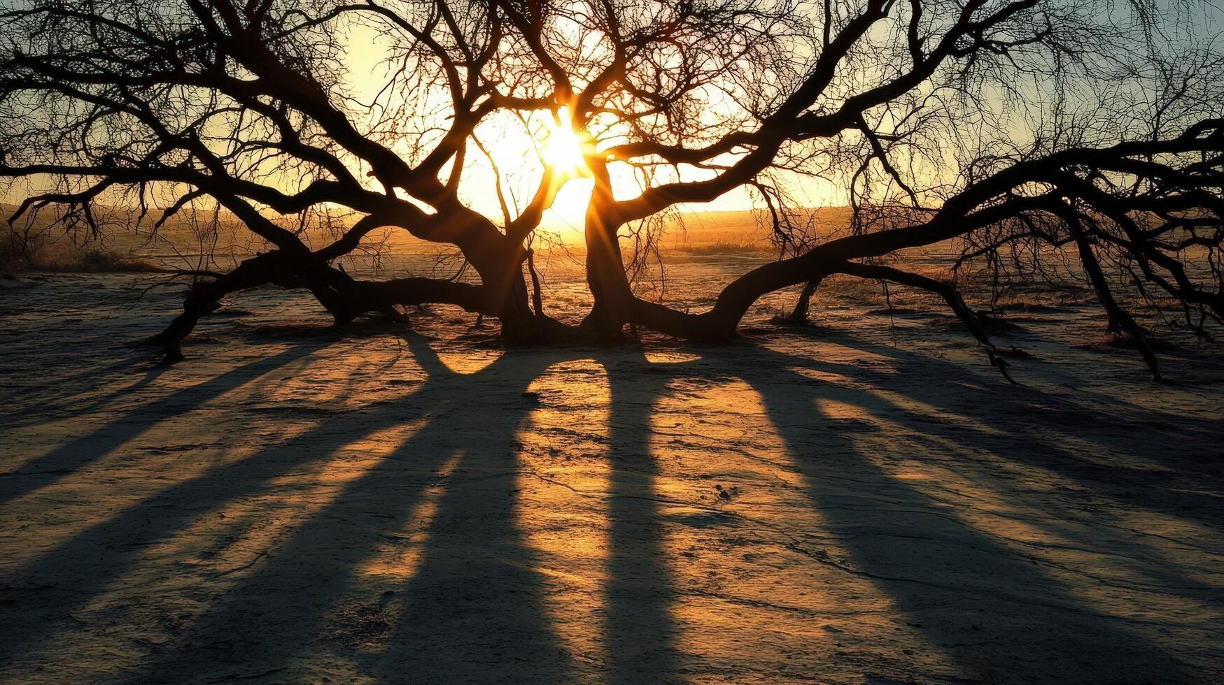 Silhouette Of A Large Tree At Sunset Casting Long Shadows photo