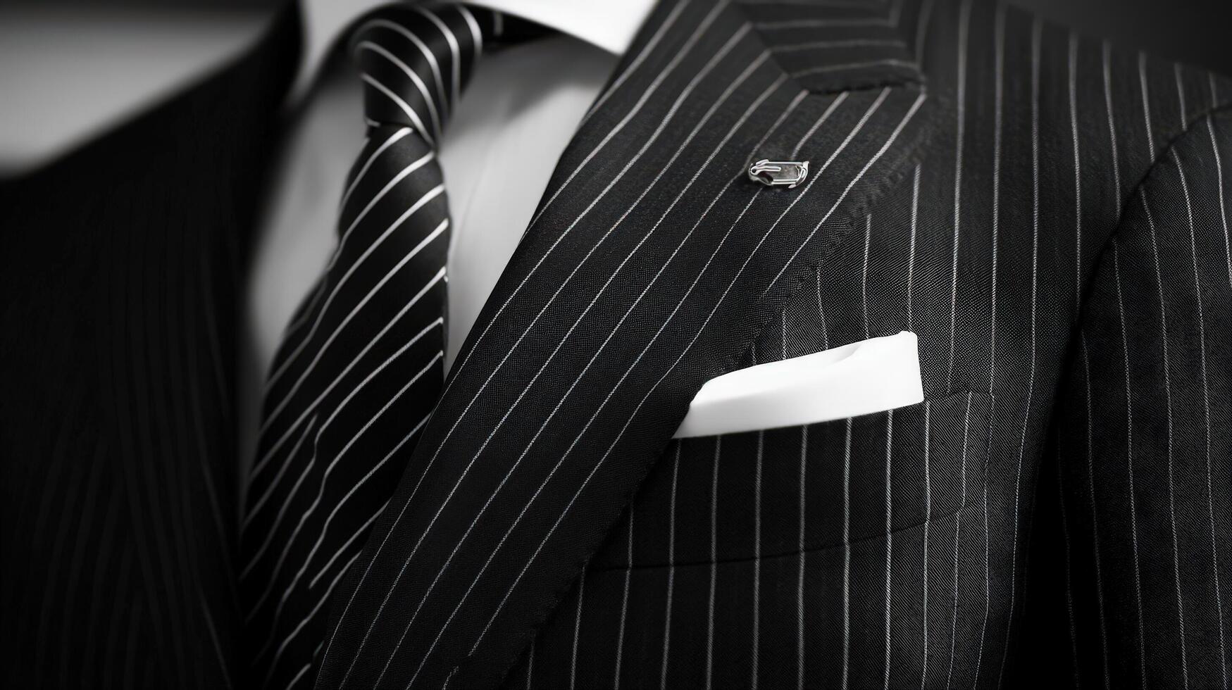 Black Pinstripe Suit With White Shirt And Tie photo
