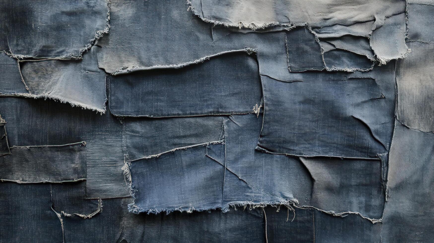 A patchwork of various denim scraps creates a textured background photo