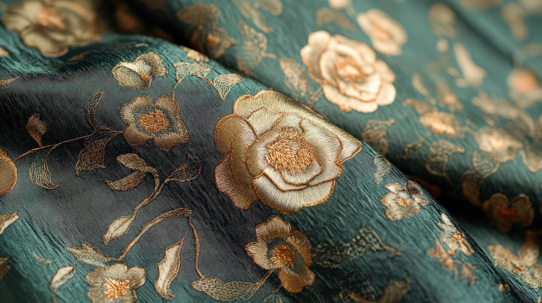 A close up of a green and gold floral fabric photo
