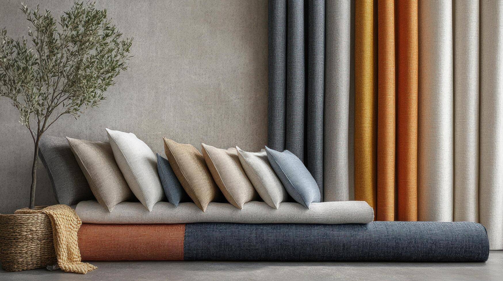 Textured Fabrics and Pillows Displayed on a Stylish Couch photo