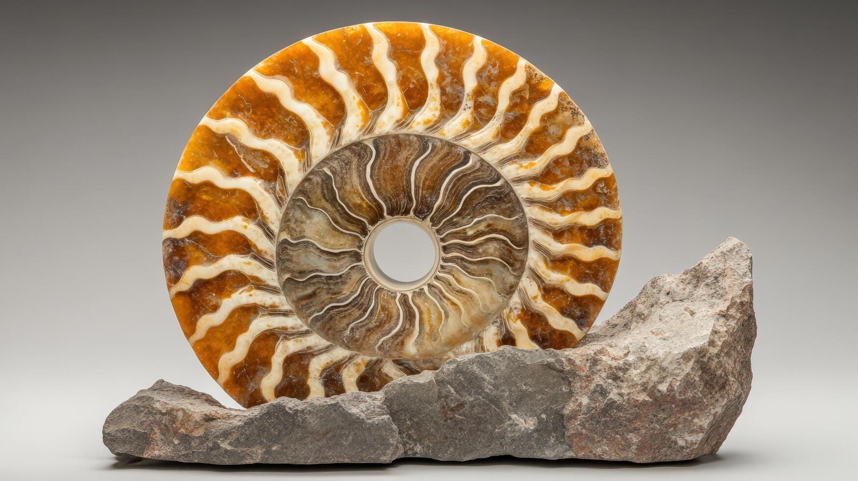 Polished Ammonite Fossil Displayed on Rocks photo