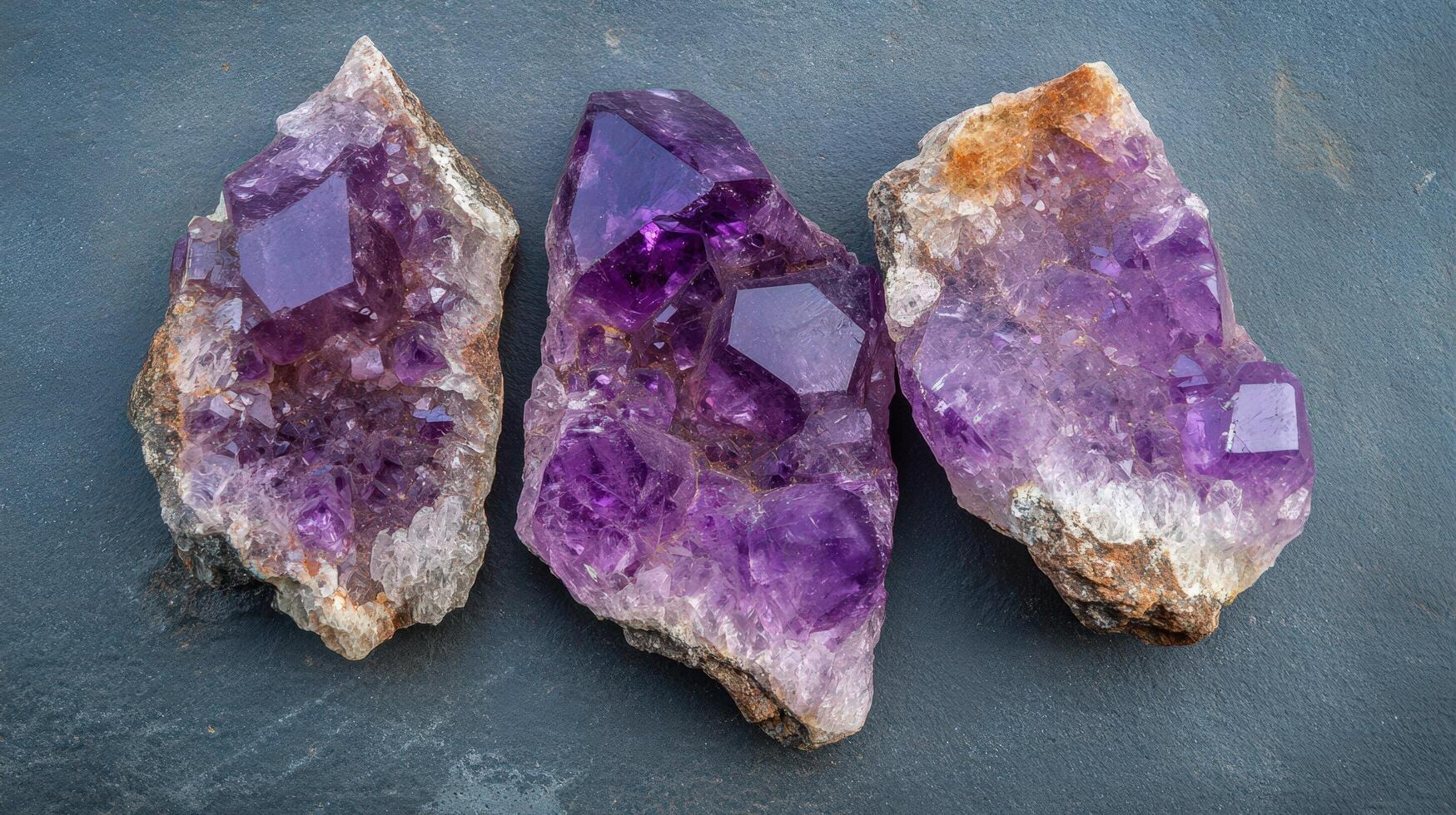 Three Amethyst Geodes Displayed on Dark Surface photo