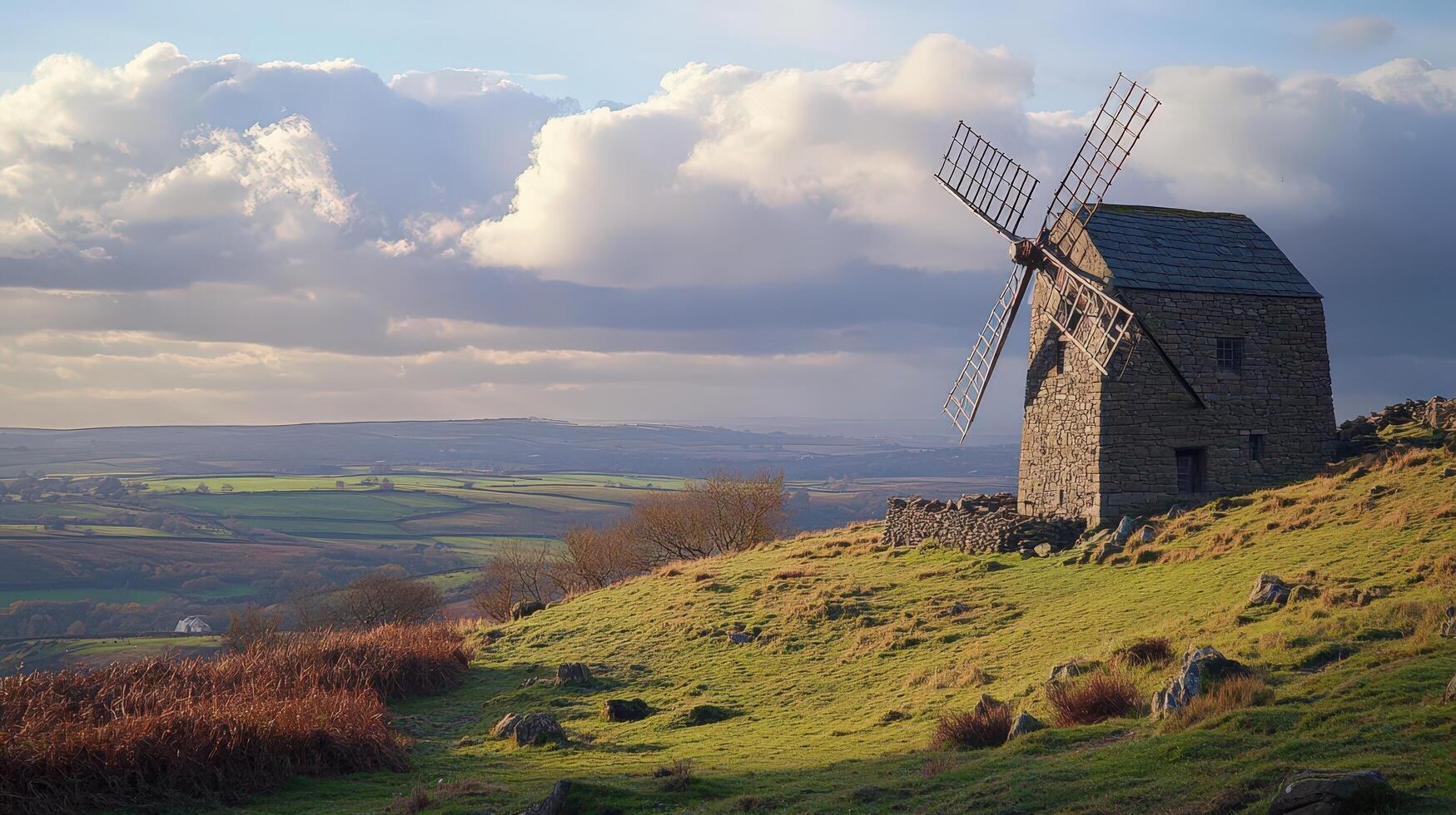 Stone Windmill on Hilltop Overlooking Rolling Countryside photo