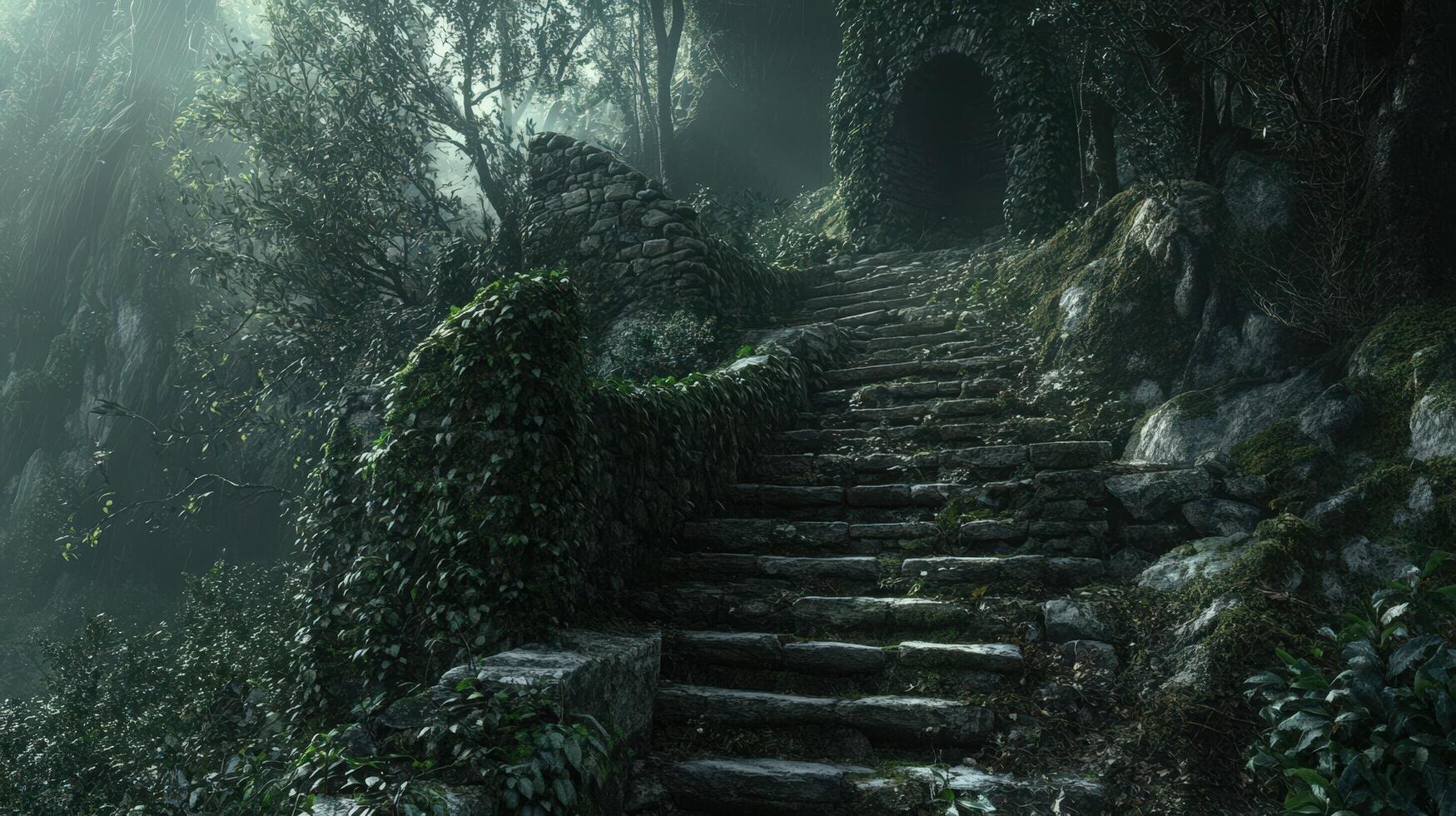 Ancient Stone Steps Leading to a Mysterious Forest Cave photo