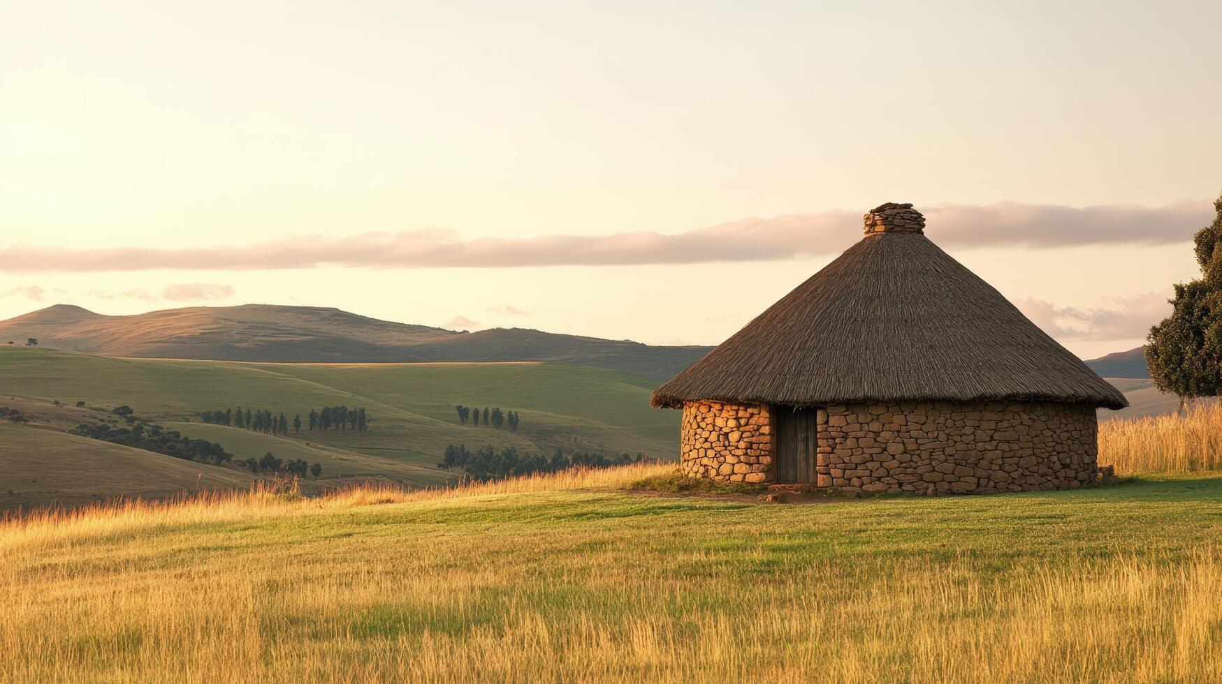 Stone Hut Stands Alone on Rolling Hills at Sunset photo
