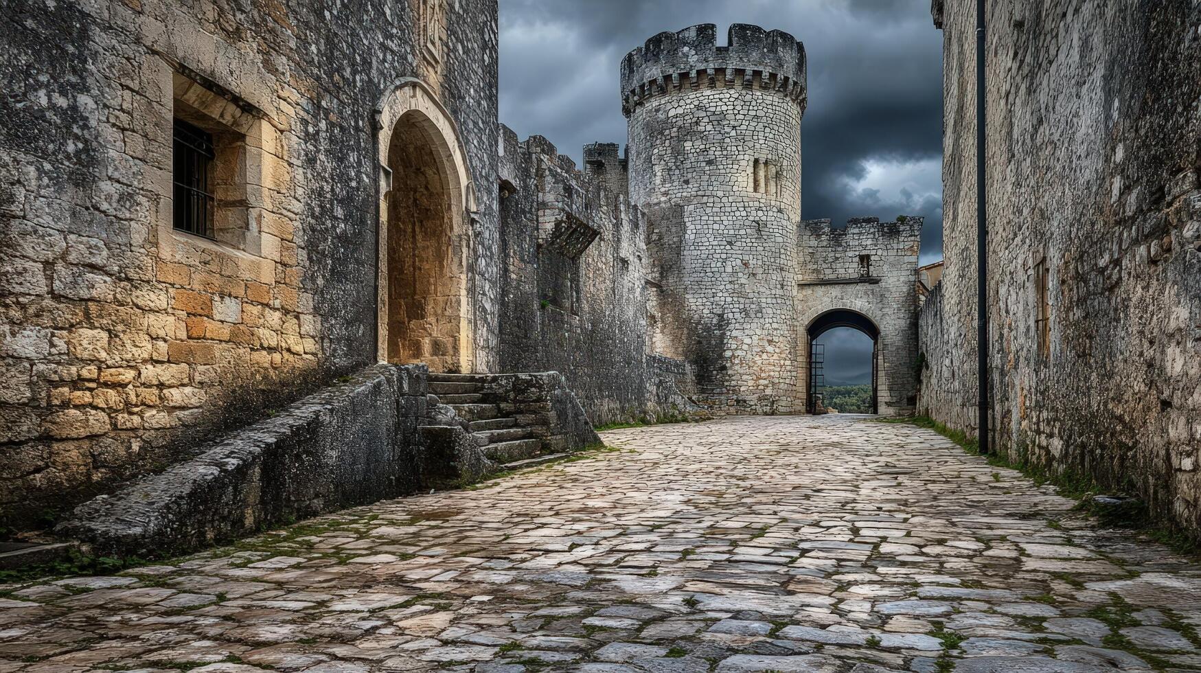 Ancient Stone Pathway Leading Through a Medieval Castle photo