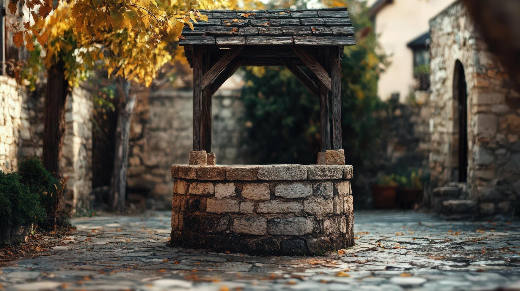 Rustic Stone Well in Autumnal Courtyard Setting photo